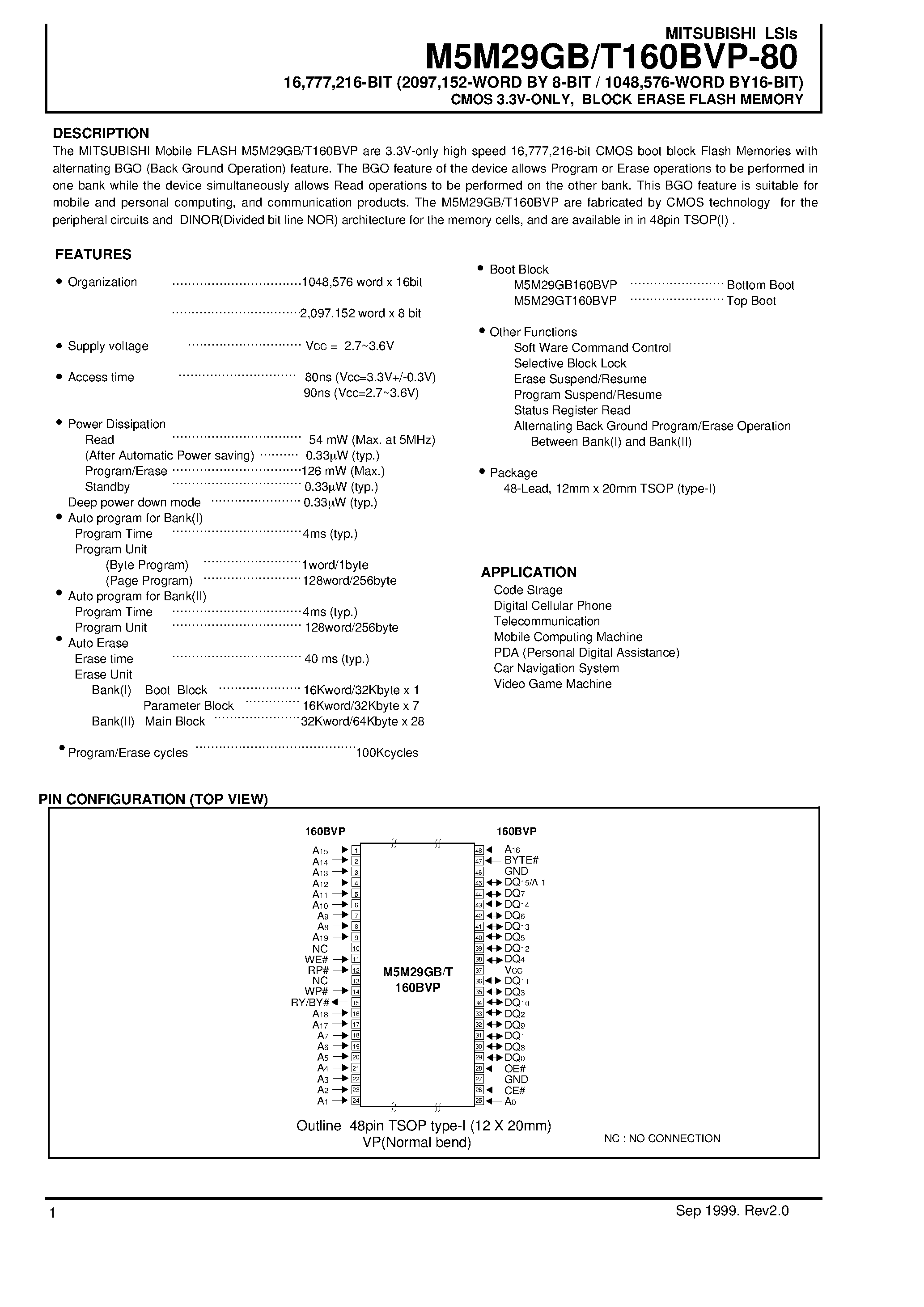 Даташит M5M29GT160BVP-80 - 16 /777 /216-BIT (2097 /152-WORD BY 8-BIT / 1048 /576-WORD BY16-BIT)CMOS 3.3V-ONLY / BLOCK ERASE FLASH MEMORY страница 1