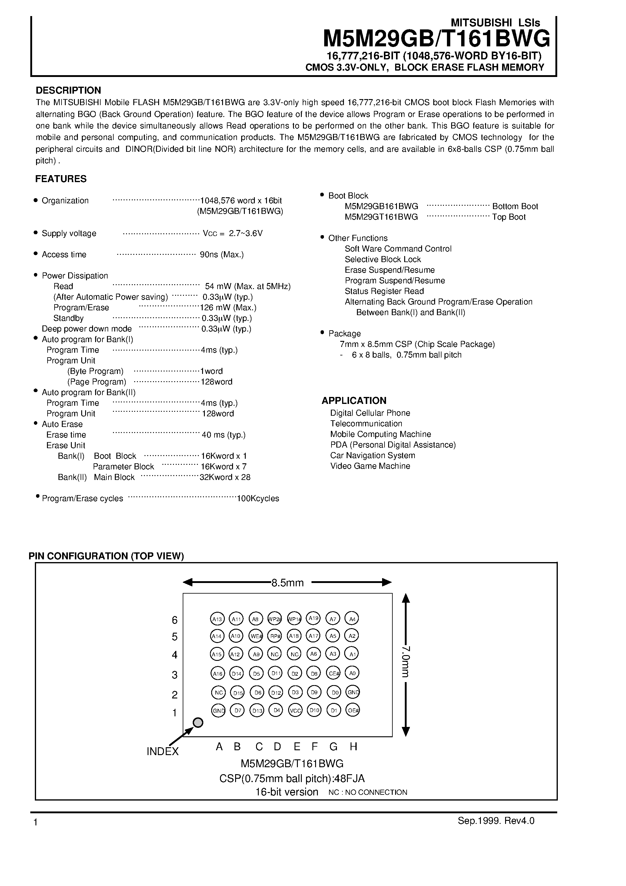 Datasheet M5M29GT161BWG - 16 /777 /216-BIT (1048 /576-WORD BY16-BIT) CMOS 3.3V-ONLY / BLOCK ERASE FLASH MEMORY page 1