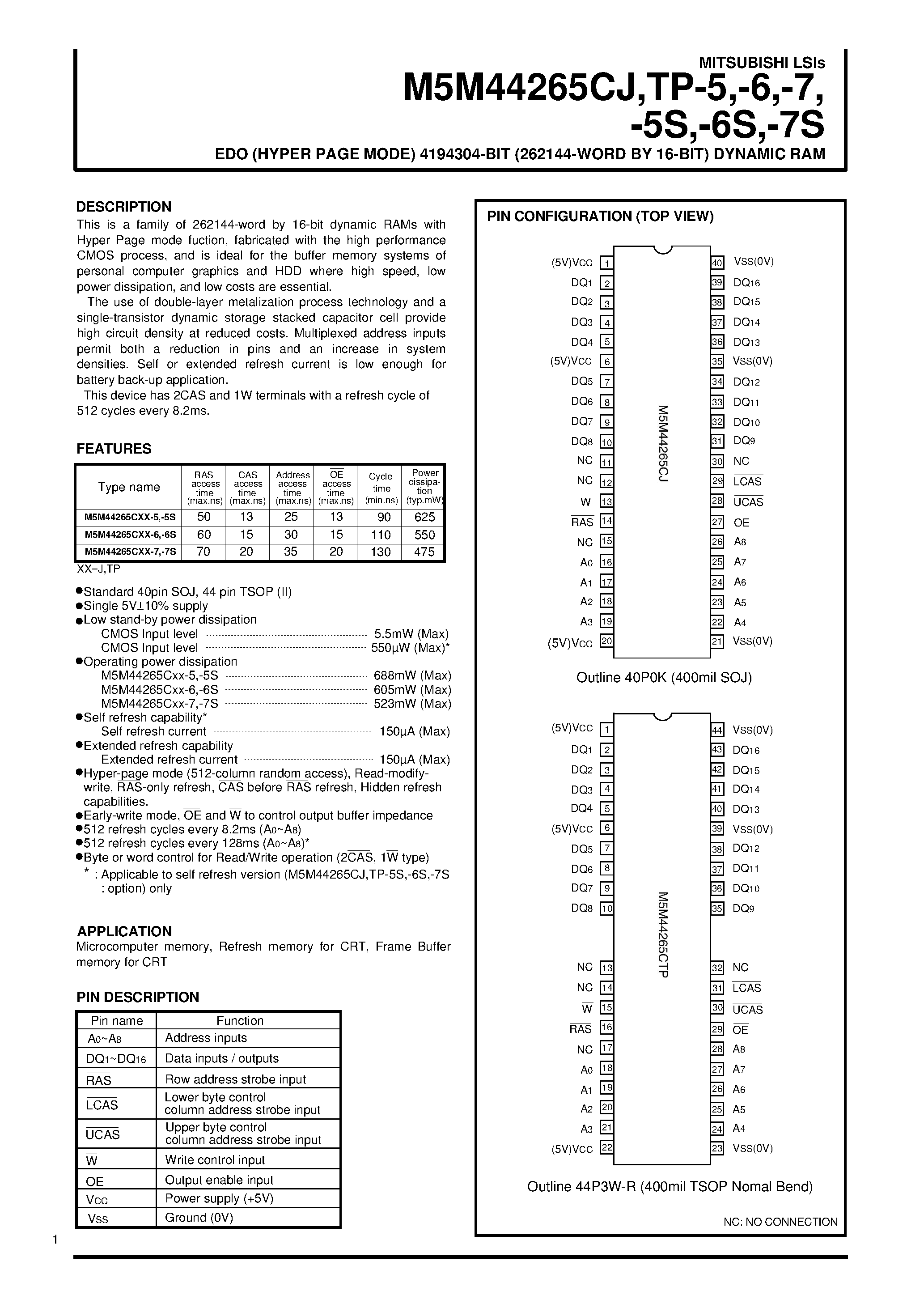 Datasheet M5M44265CTP-7 - EDO (HYPER PAGE MODE) 4194304-BIT (262144-WORD BY 16-BIT) DYNAMIC RAM page 1
