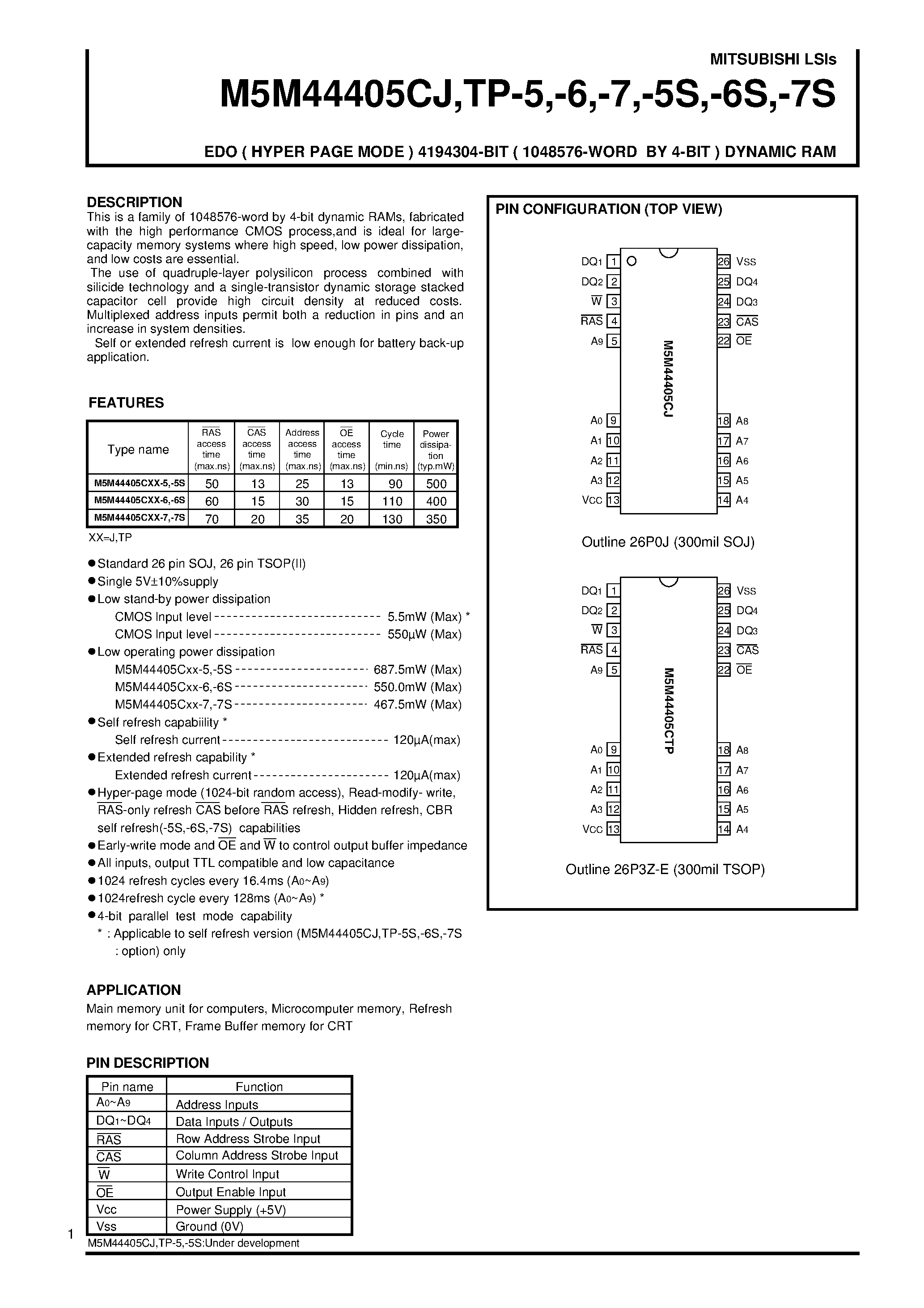 Datasheet M5M44405CTP-7 - EDO ( HYPER PAGE MODE ) 4194304-BIT ( 1048576-WORD BY 4-BIT ) DYNAMIC RAM page 1
