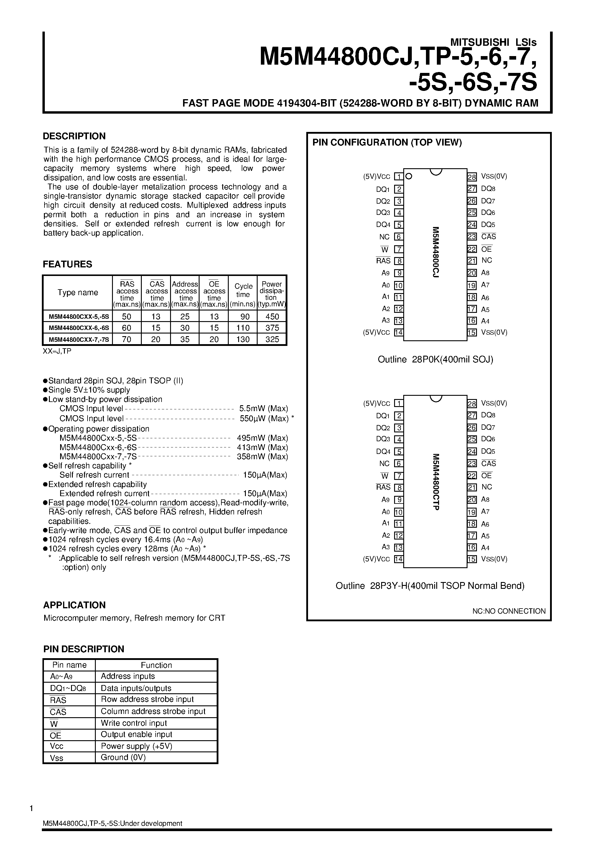 Datasheet M5M44800CTP-7 - FAST PAGE MODE 4194304-BIT (524288-WORD BY 8-BIT) DYNAMIC RAM page 1