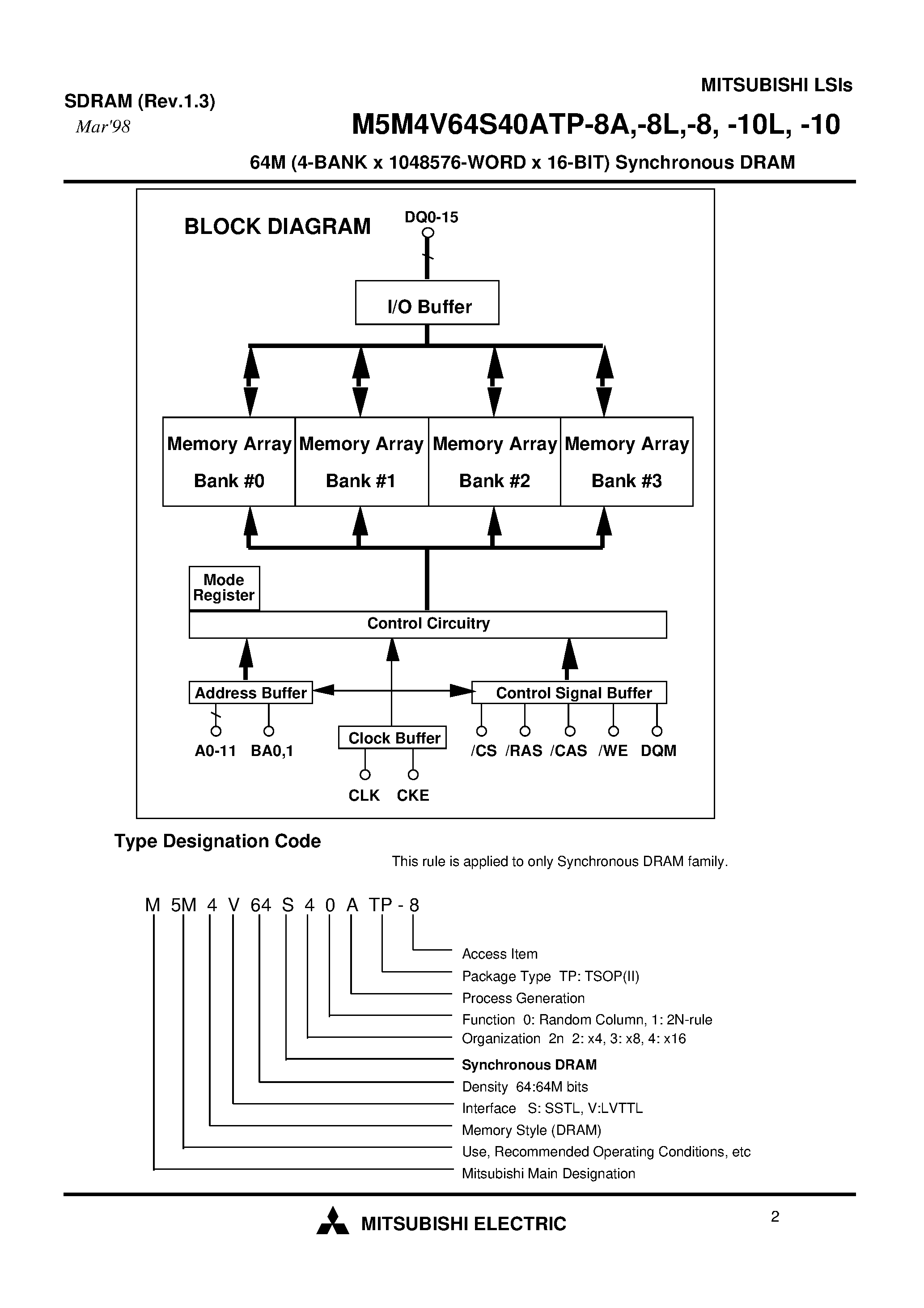 Datasheet M5M4V64S40ATP-10 - 64M (4-BANK x 1048576-WORD x 16-BIT) Synchronous DRAM page 2
