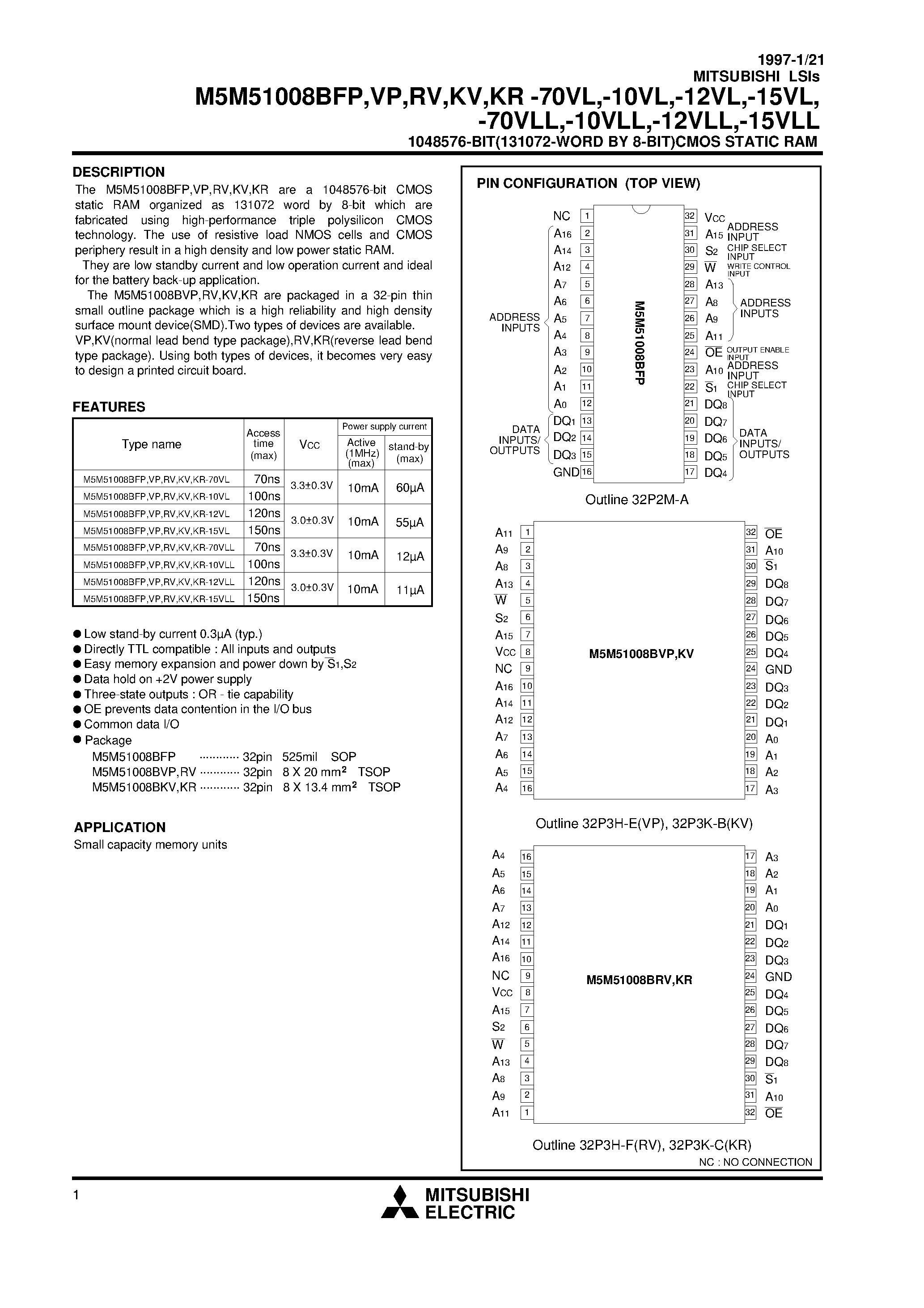 Даташит M5M51008BVP - 1048576-BIT(131072-WORD BY 8-BIT)CMOS STATIC RAM страница 1