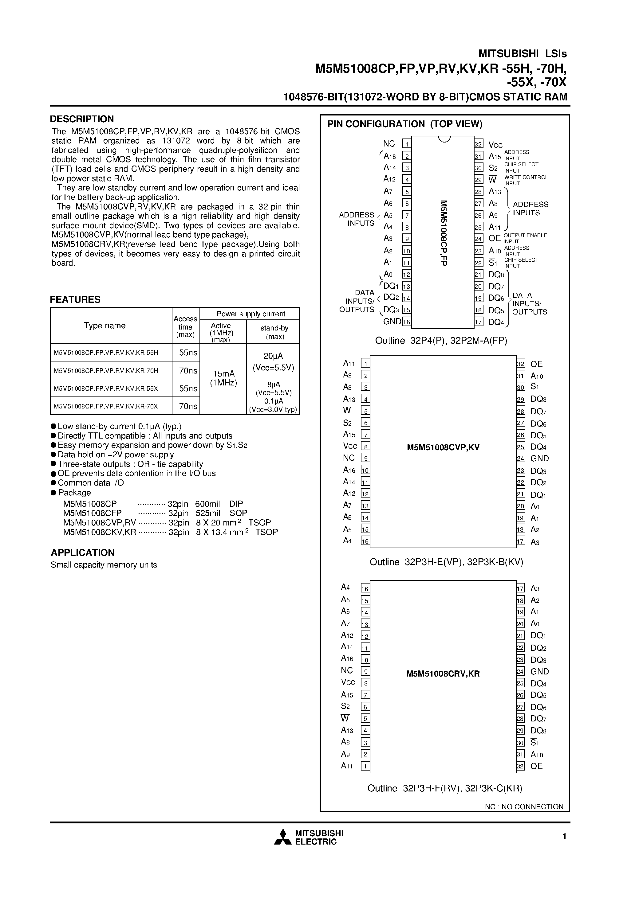Даташит на микросхему M5M51008CRV страница 1 Даташит M5M51008CRV - 1048576-BIT(131072-WORD BY 8-BIT)CMOS STATIC RAM страница 1