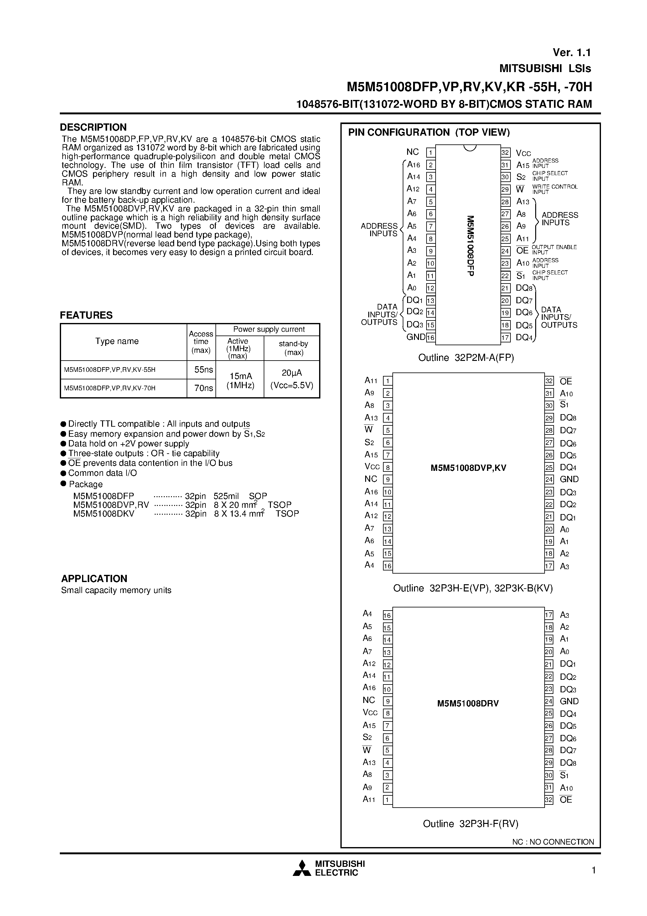 Datasheet M5M51008VP-70L - 1048576-BIT(131072-WORD BY 8-BIT)CMOS STATIC RAM page 1