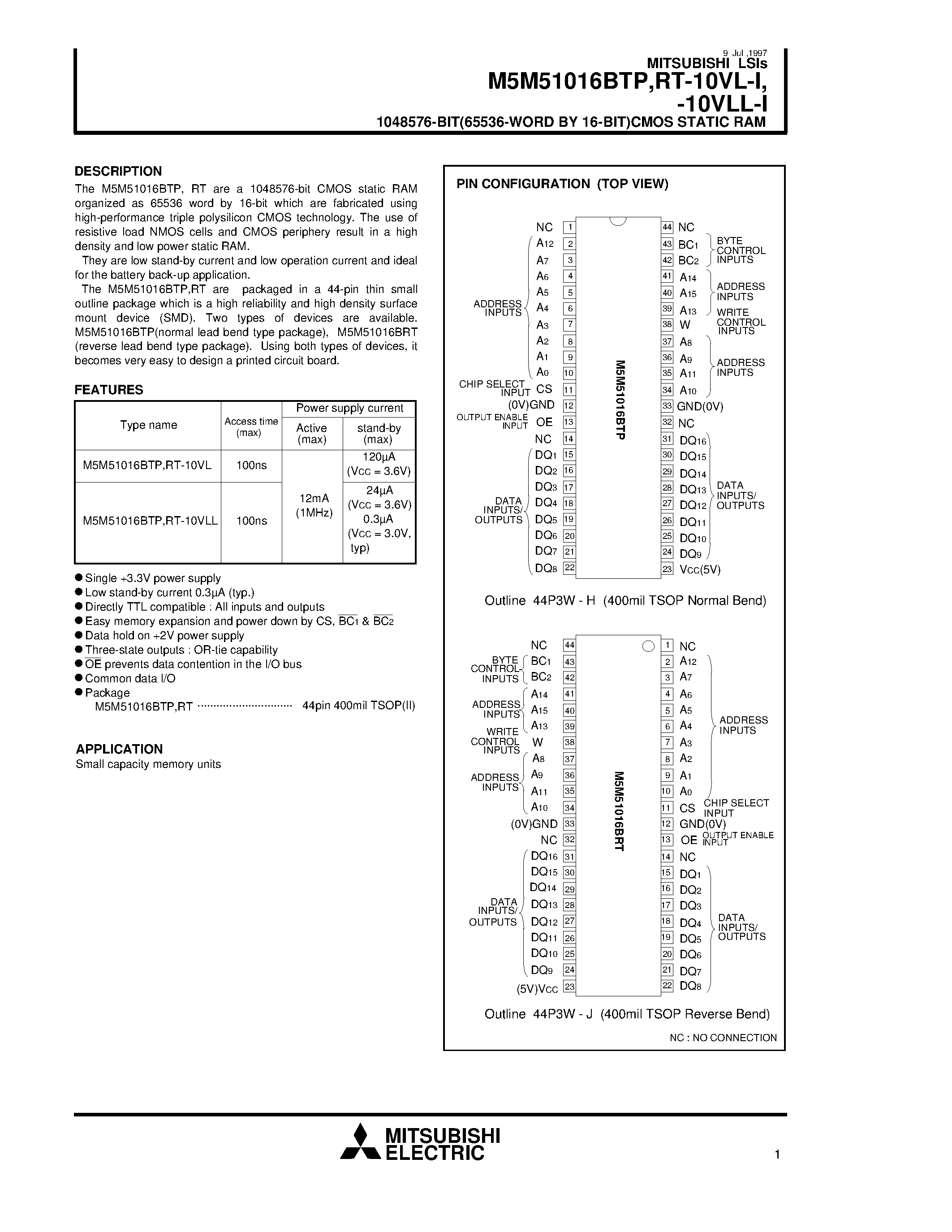 Datasheet M5M51016BTP-10VL-I - 1048576-BIT(65536-WORD BY 16-BIT)CMOS STATIC RAM page 1