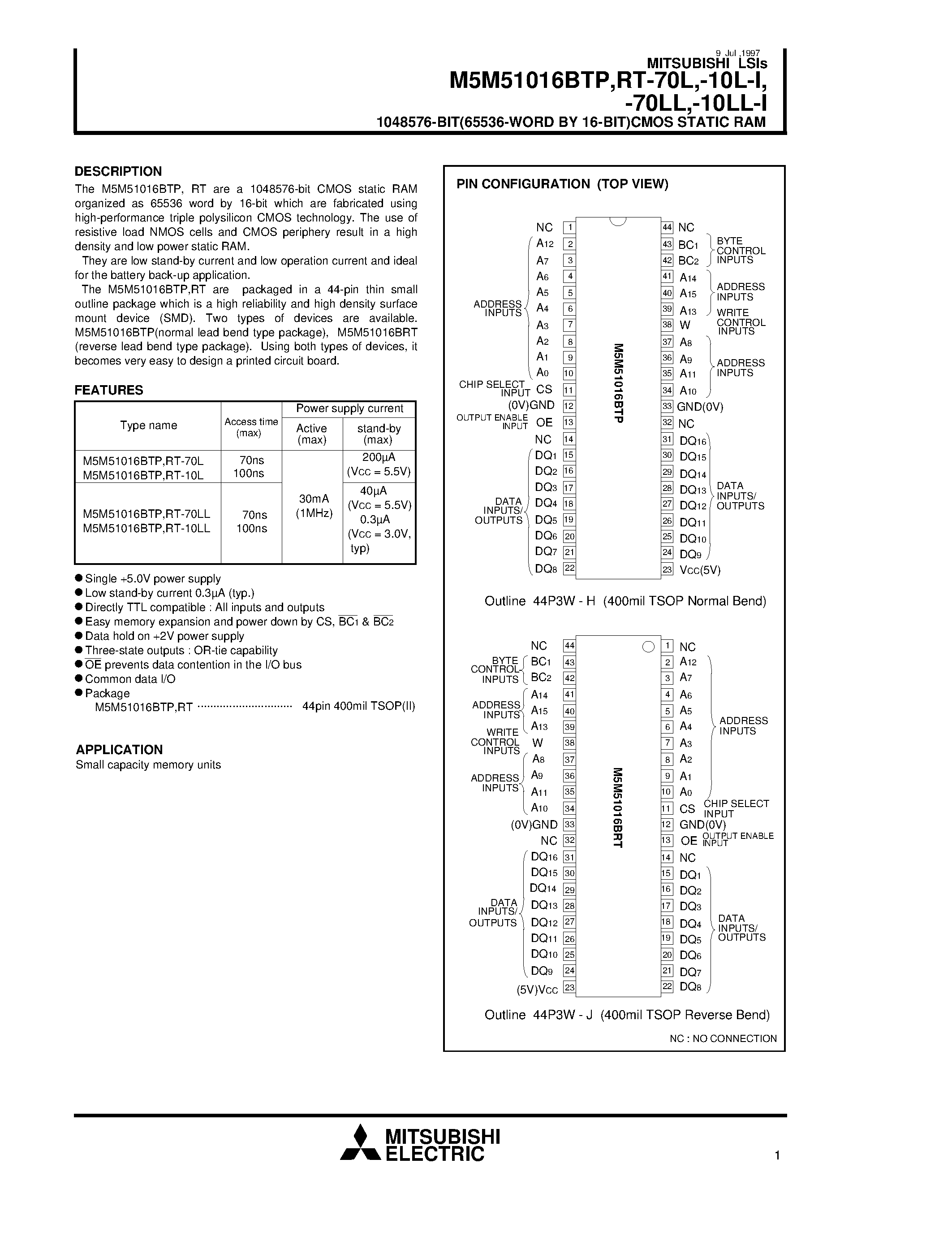 Datasheet M5M51016BTP-70LL - 1048576-BIT(65536-WORD BY 16-BIT)CMOS STATIC RAM page 1