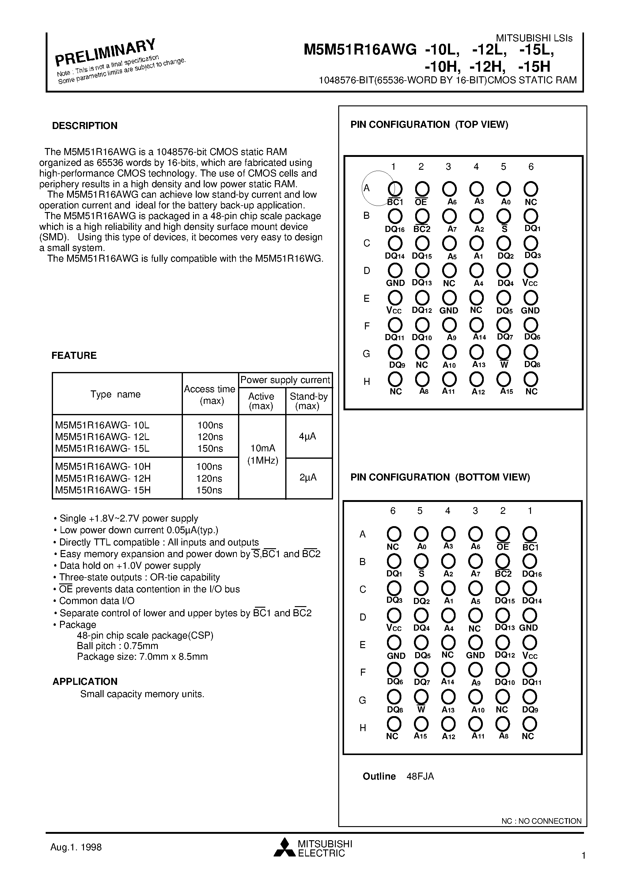 Даташит на микросхему M5M51R16AWG-10L страница 1 Даташит M5M51R16AWG-10L - 1048576-BIT(65536-WORD BY 16-BIT)CMOS STATIC RAM страница 1