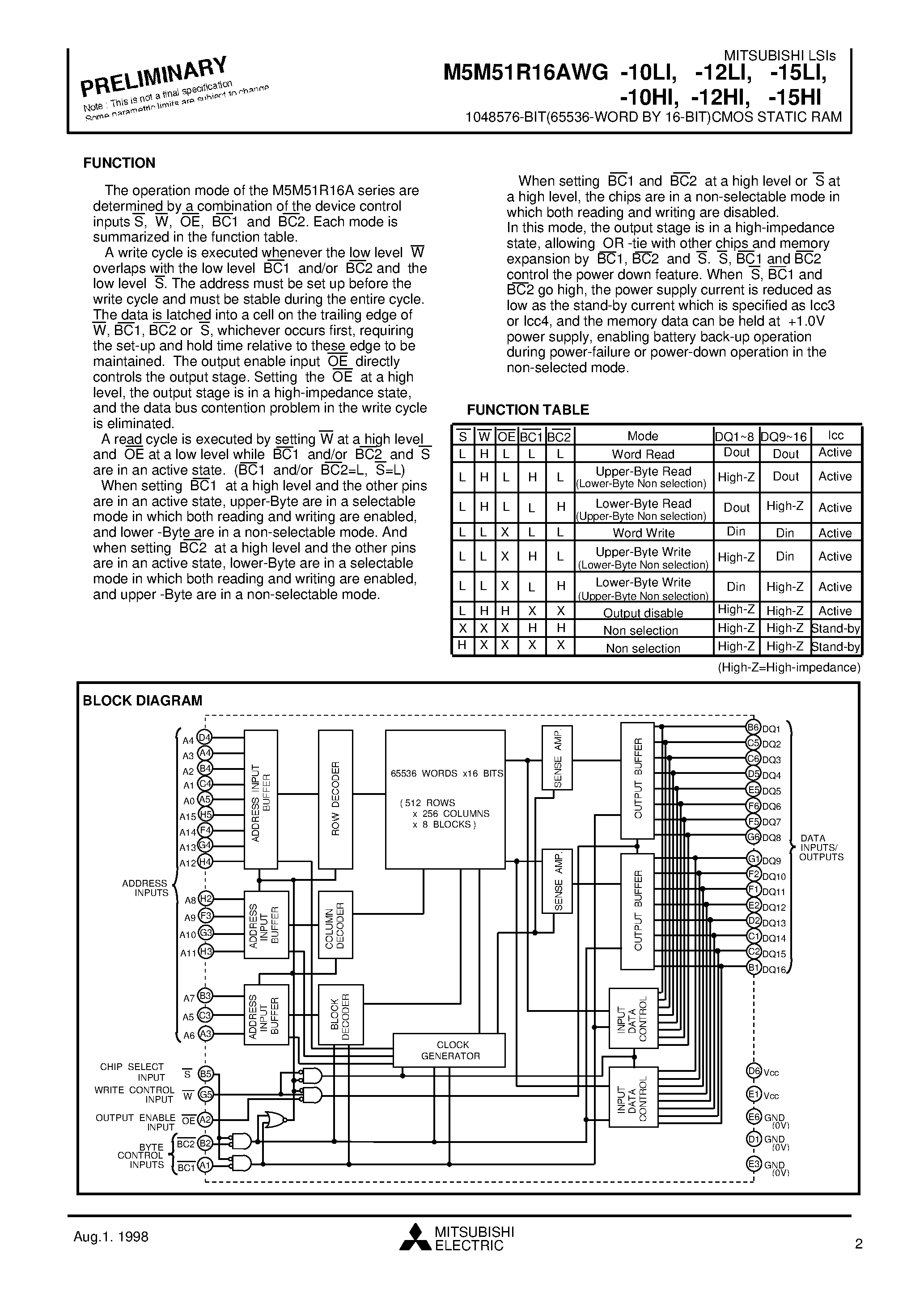 Datasheet M5M51R16AWG-10LI - 1048576-BIT(65536-WORD BY 16-BIT)CMOS STATIC RAM page 2