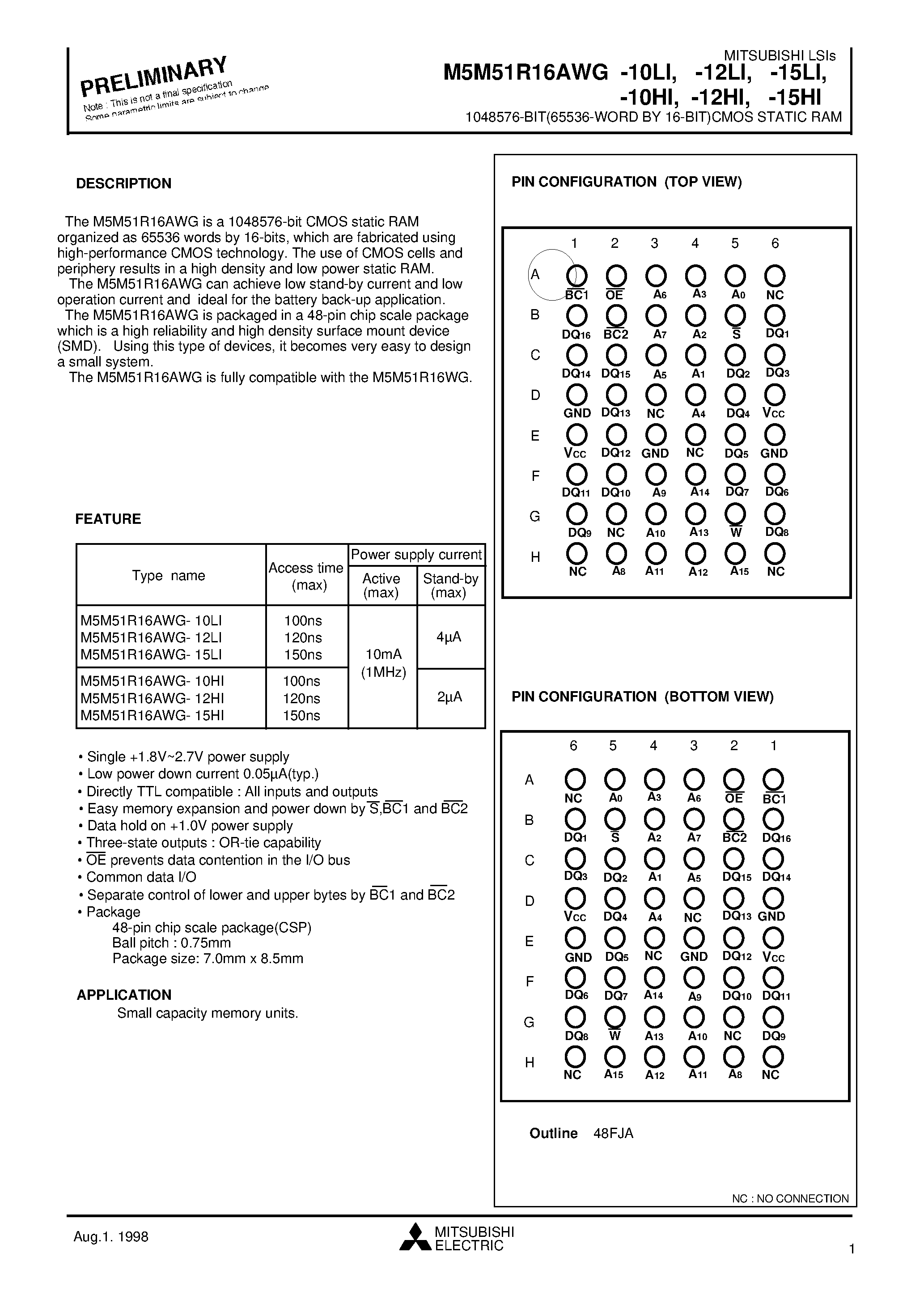 Datasheet M5M51R16AWG-15HI - 1048576-BIT(65536-WORD BY 16-BIT)CMOS STATIC RAM page 1
