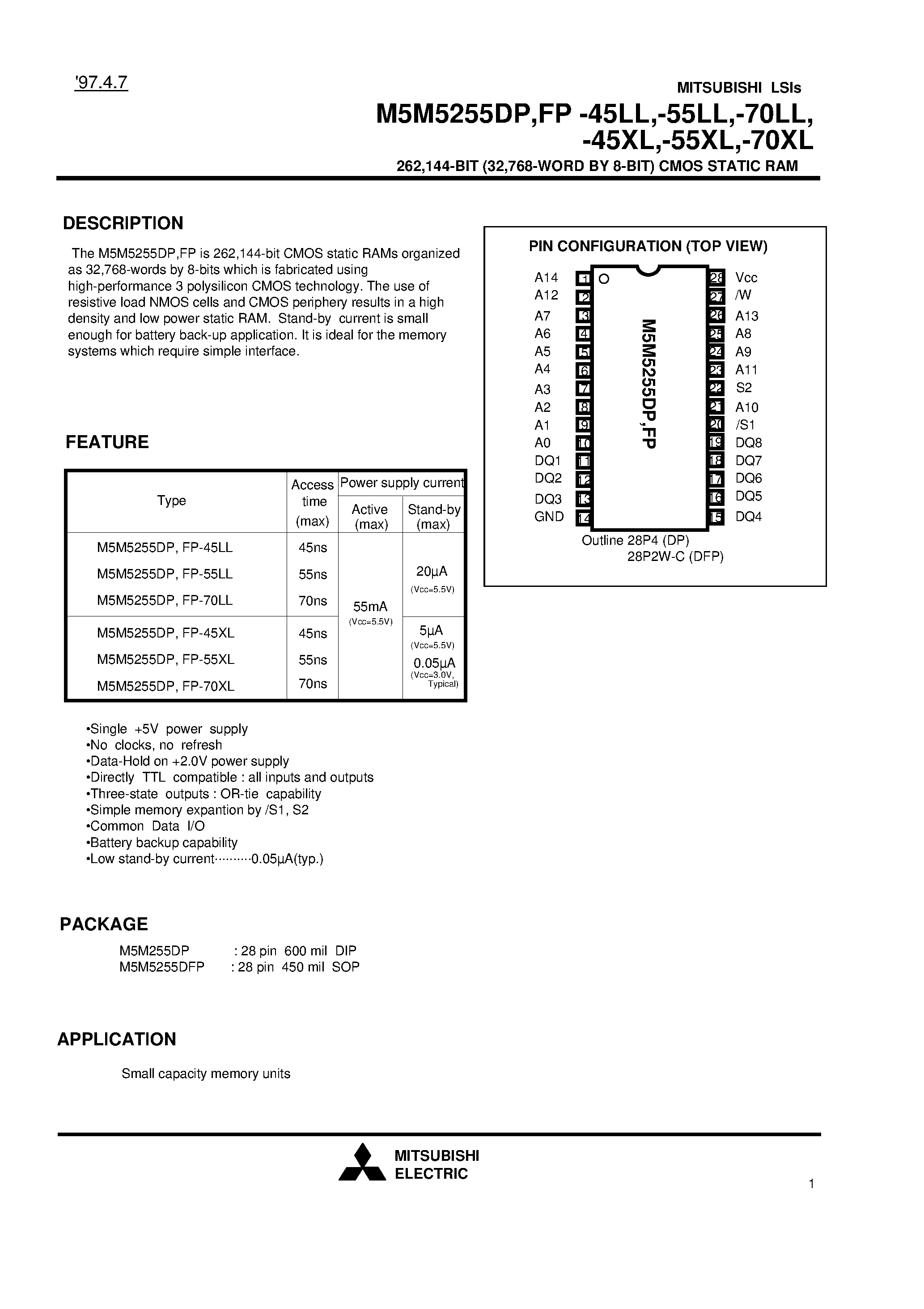 Datasheet M5M5255DP-55LL - 262 /144-BIT (32 /768-WORD BY 8-BIT) CMOS STATIC RAM page 1