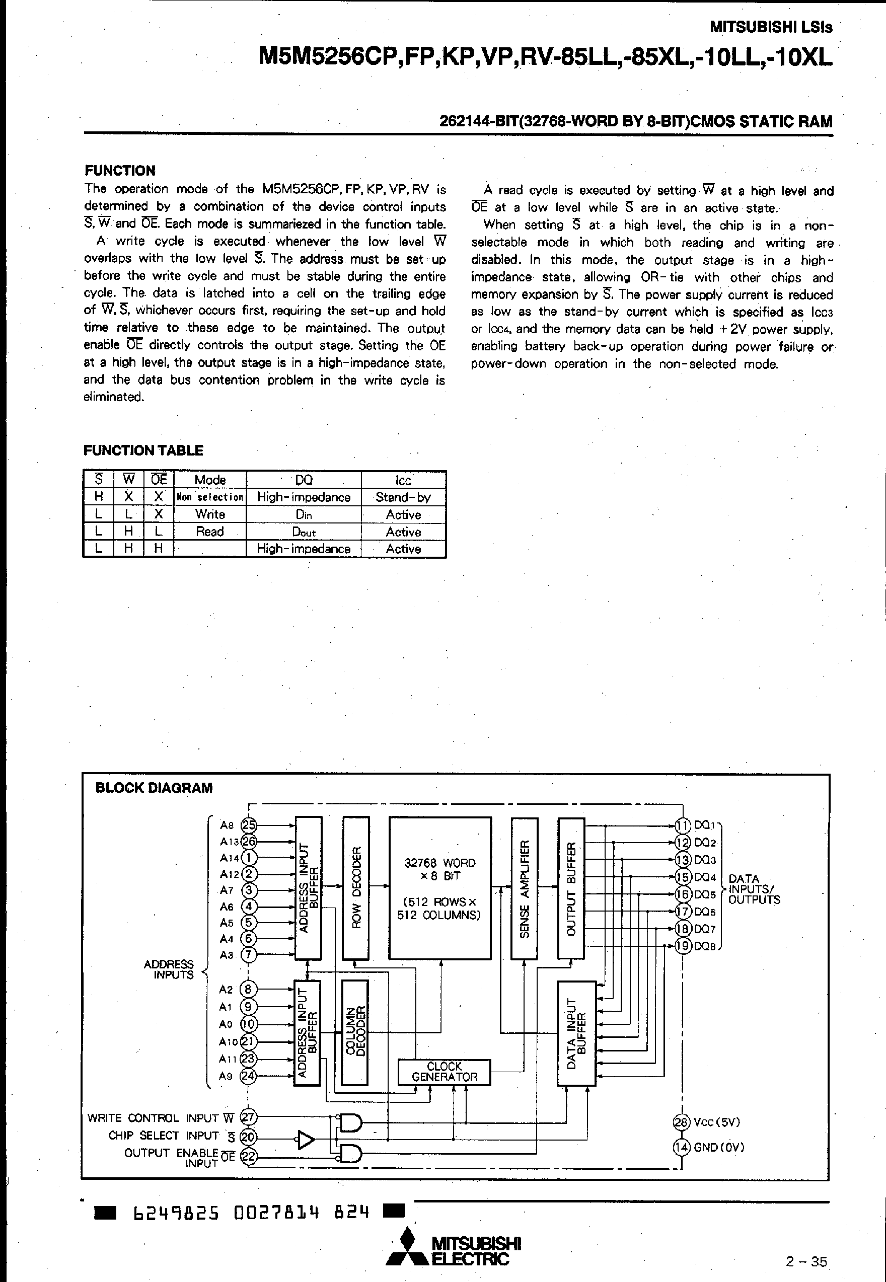 Даташит M5M5256CP-10LL - 262144-BIT (32768-WORD BY 8-BIT) CMOS STATIC RAM страница 2