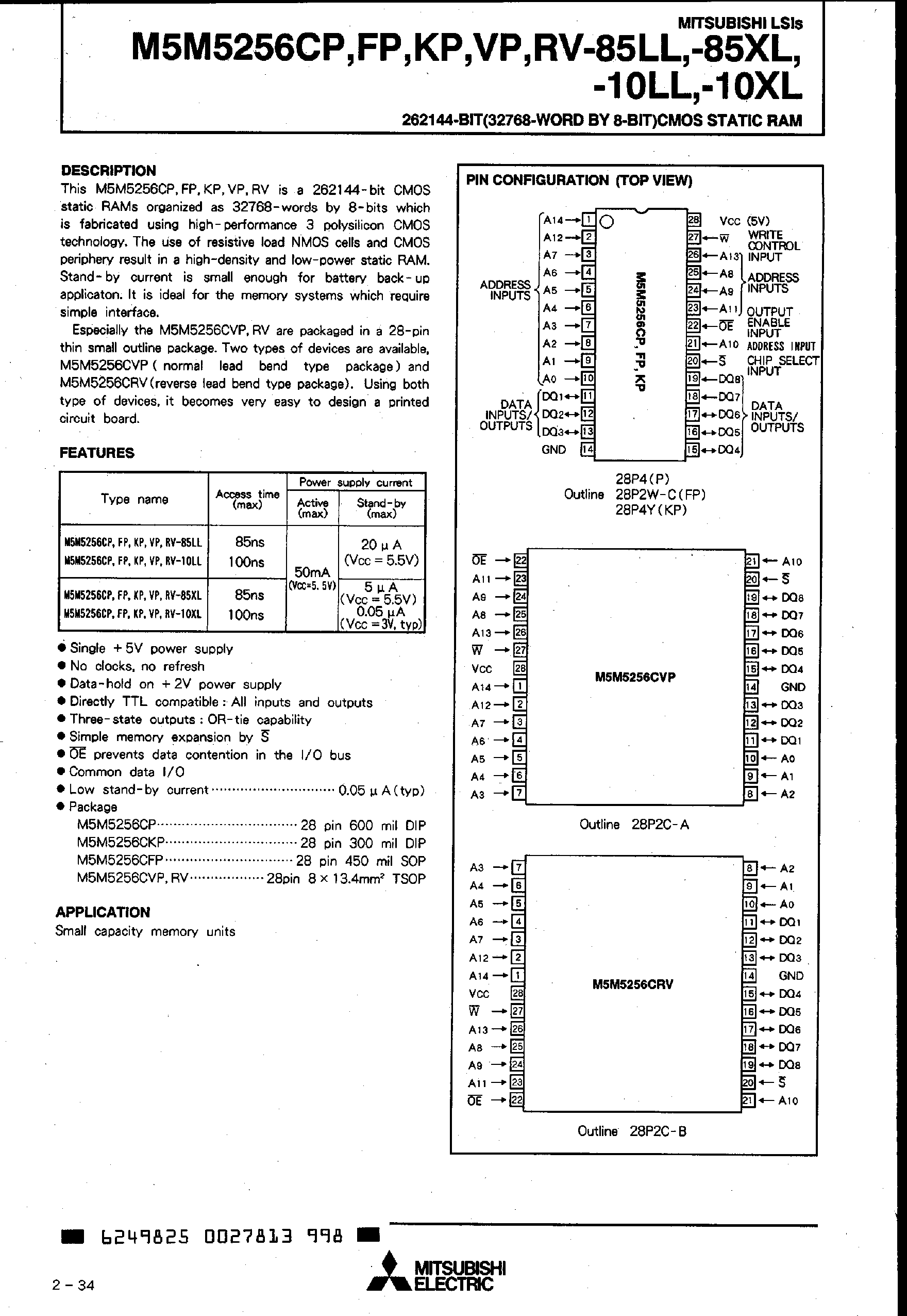 Datasheet M5M5256CP-85XL - 262144-BIT (32768-WORD BY 8-BIT) CMOS STATIC RAM page 1