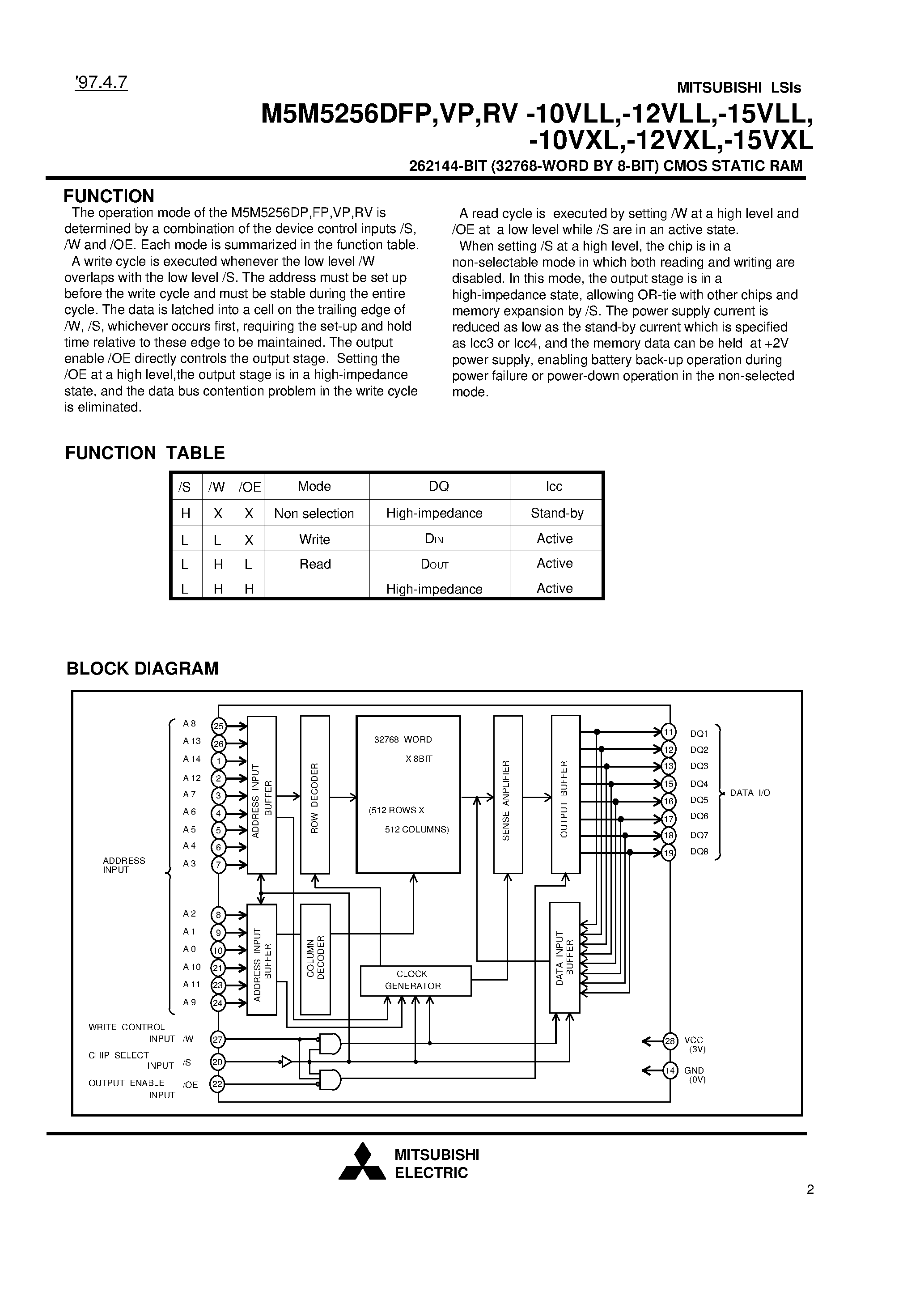 Даташит M5M5256DFP-10VXL - 262144-BIT (32768-WORD BY 8-BIT) CMOS STATIC RAM страница 2