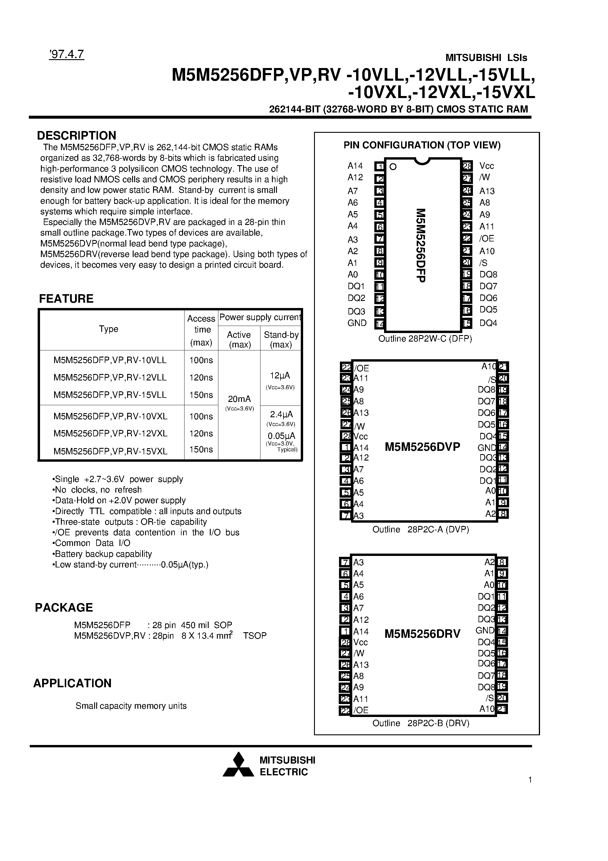 Даташит на микросхему M5M5256DFP-15VLL страница 1 Даташит M5M5256DFP-15VLL - 262144-BIT (32768-WORD BY 8-BIT) CMOS STATIC RAM страница 1