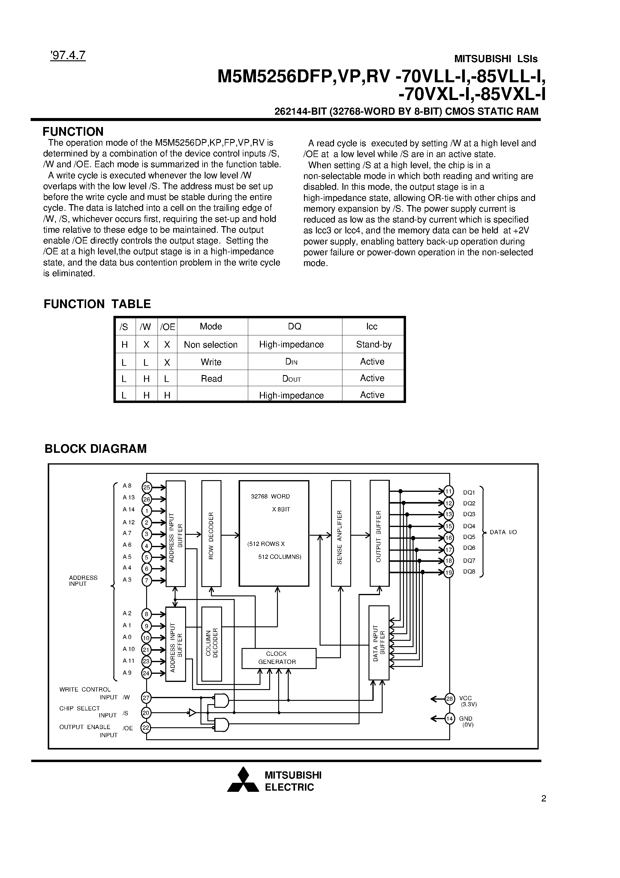 Datasheet M5M5256DFP-70VLL-I - 262144-BIT (32768-WORD BY 8-BIT) CMOS STATIC RAM page 2