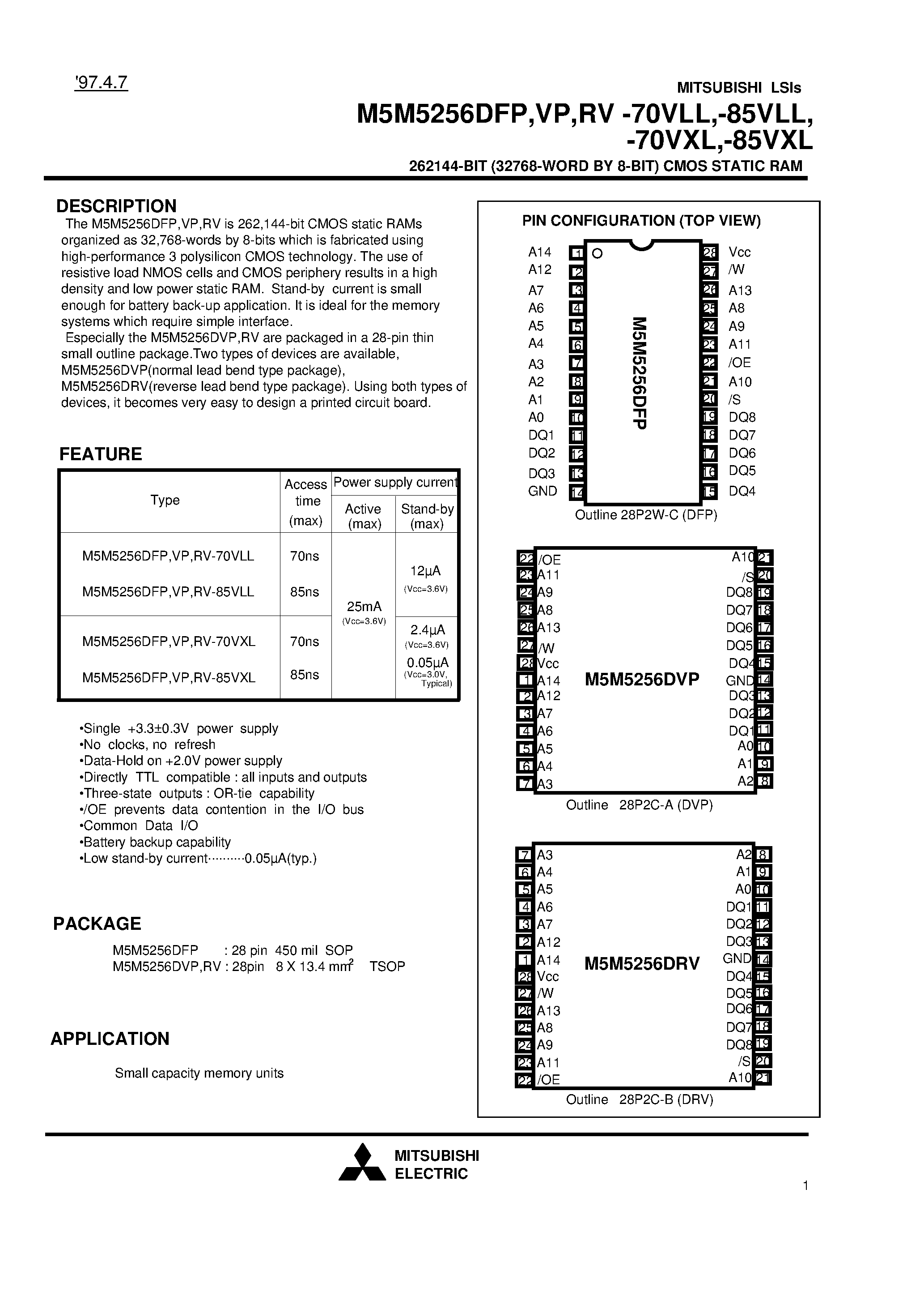 Даташит на микросхему M5M5256DFP-85VXL страница 1 Даташит M5M5256DFP-85VXL - 262144-BIT (32768-WORD BY 8-BIT) CMOS STATIC RAM страница 1