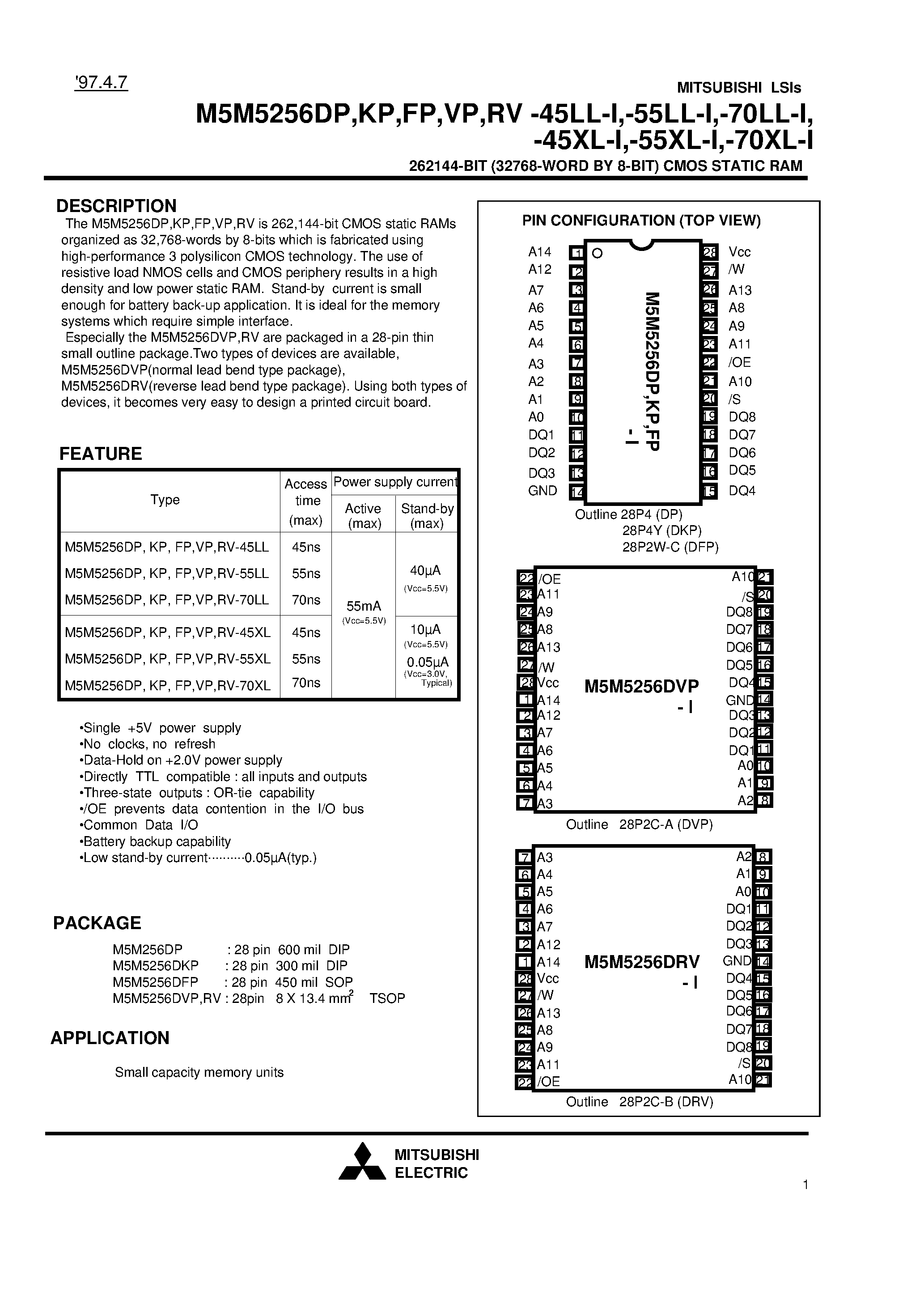 Даташит на микросхему M5M5256DP-45LL-I страница 1 Даташит M5M5256DP-45LL-I - 262144-BIT (32768-WORD BY 8-BIT) CMOS STATIC RAM страница 1