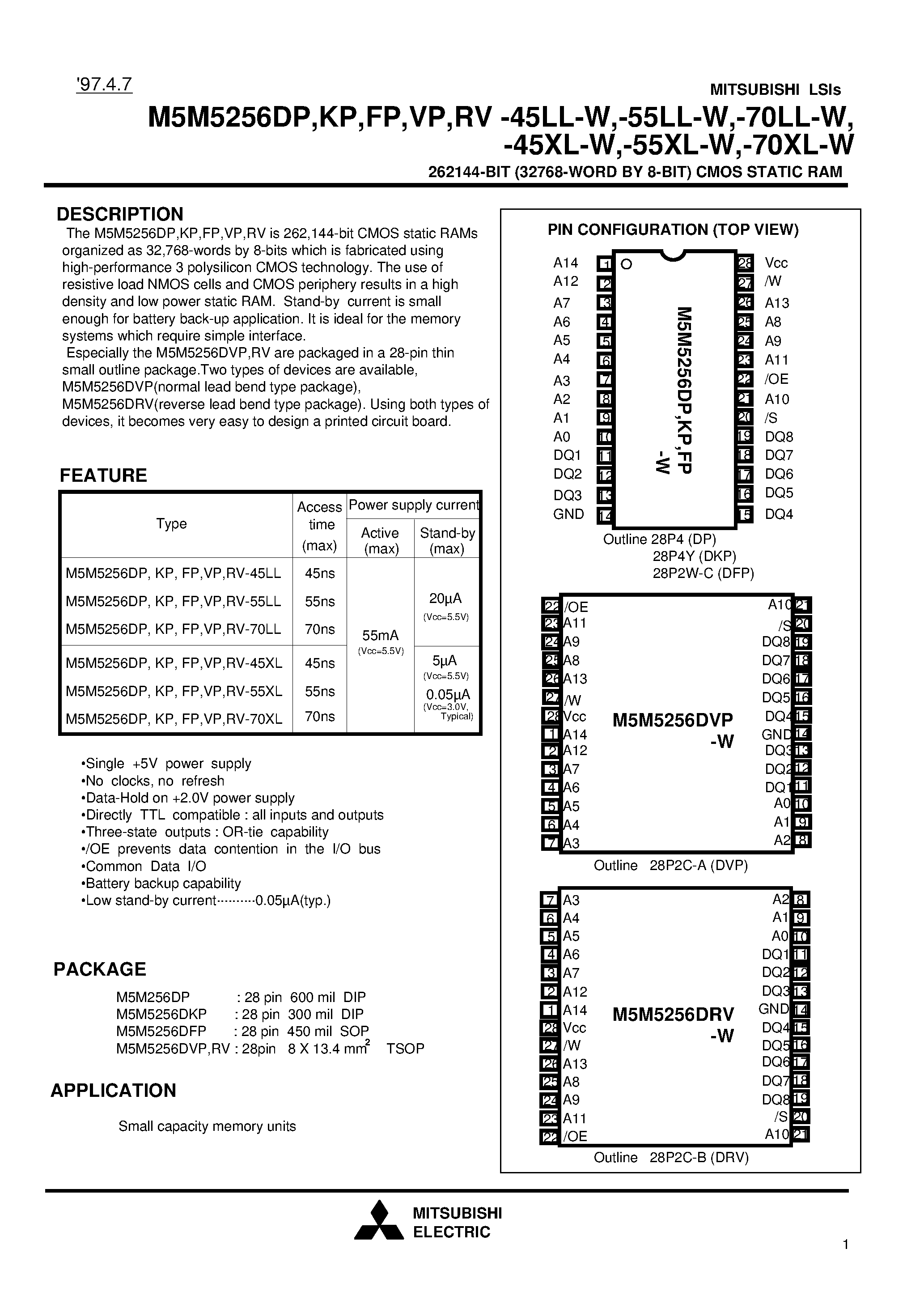 Даташит M5M5256DP-45XL-W - 262144-BIT (32768-WORD BY 8-BIT) CMOS STATIC RAM страница 1