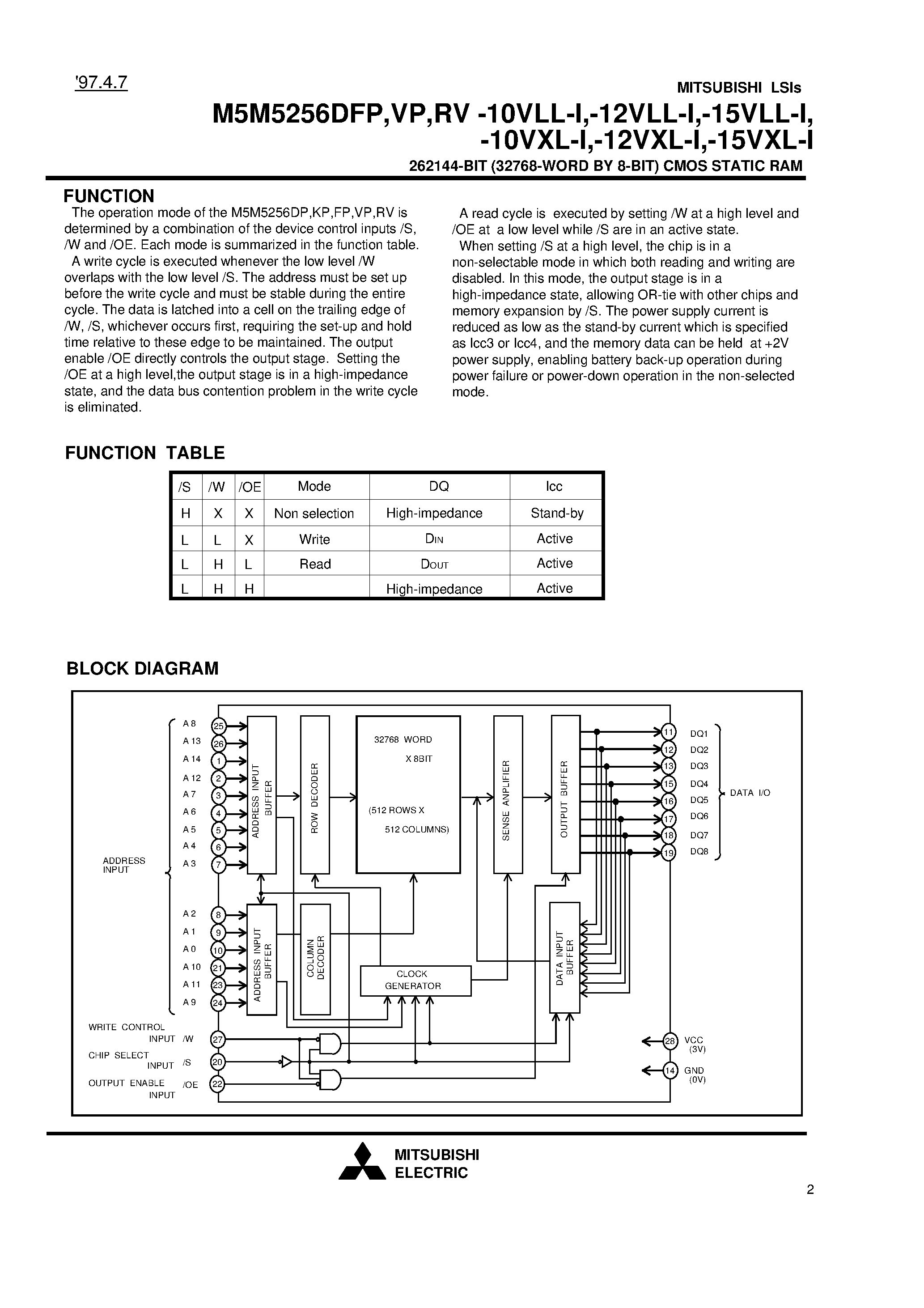 Даташит M5M5256DVP-12VXL-I - 262144-BIT (32768-WORD BY 8-BIT) CMOS STATIC RAM страница 2