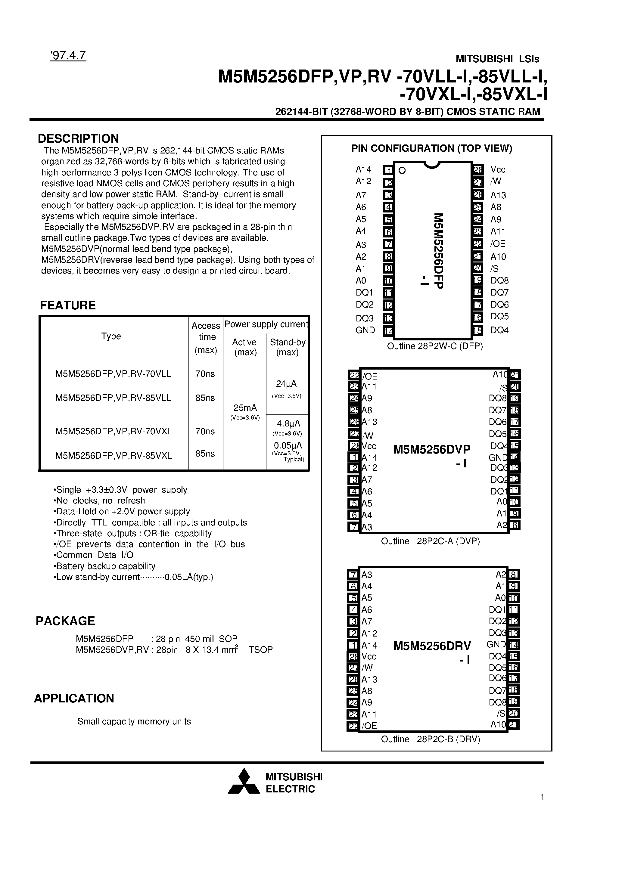 Даташит на микросхему M5M5256DVP-85VLL-I страница 1 Даташит M5M5256DVP-85VLL-I - 262144-BIT (32768-WORD BY 8-BIT) CMOS STATIC RAM страница 1
