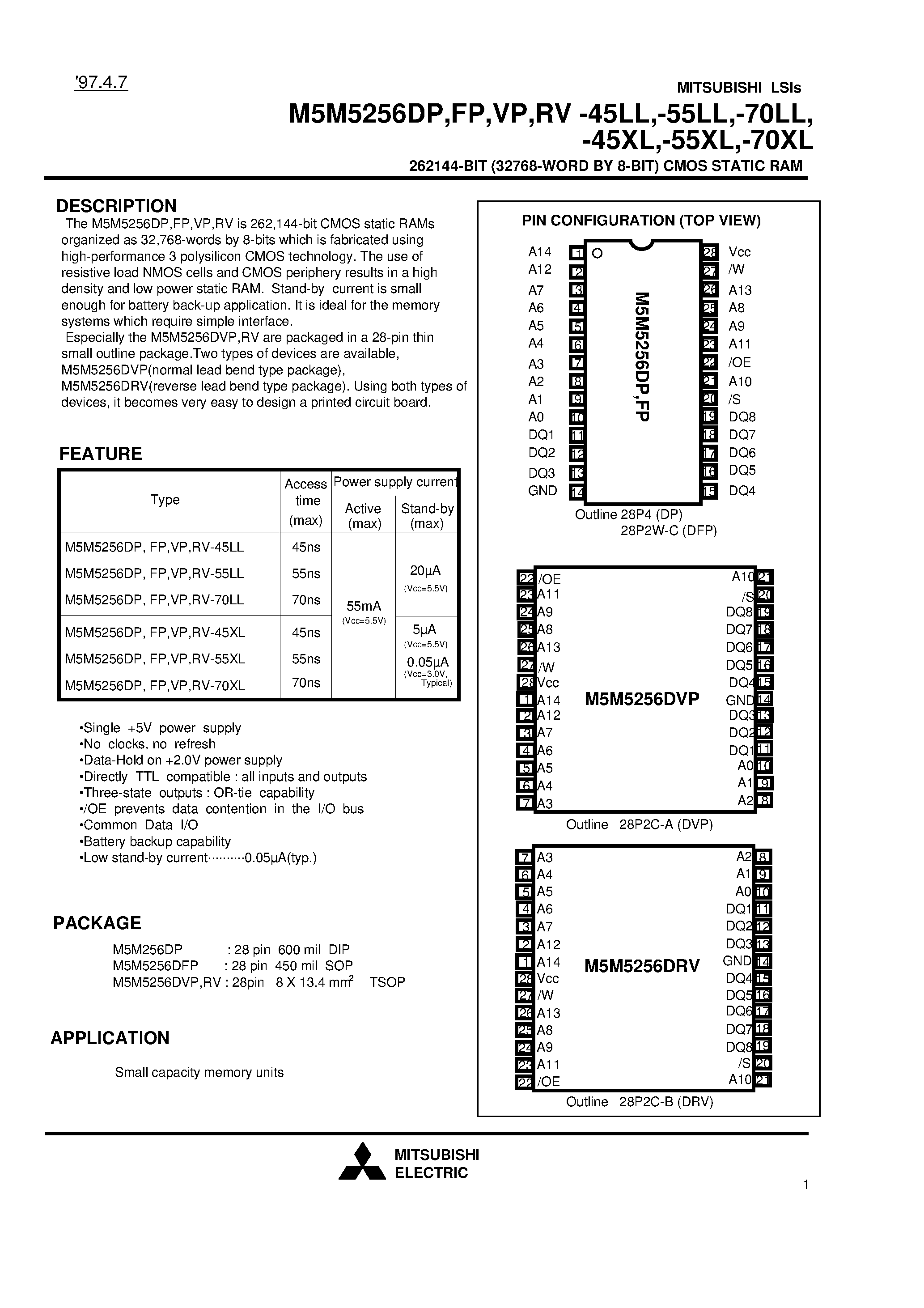 Даташит на микросхему M5M5256FP-55LL страница 1 Даташит M5M5256FP-55LL - 262144-BIT (32768-WORD BY 8-BIT) CMOS STATIC RAM страница 1