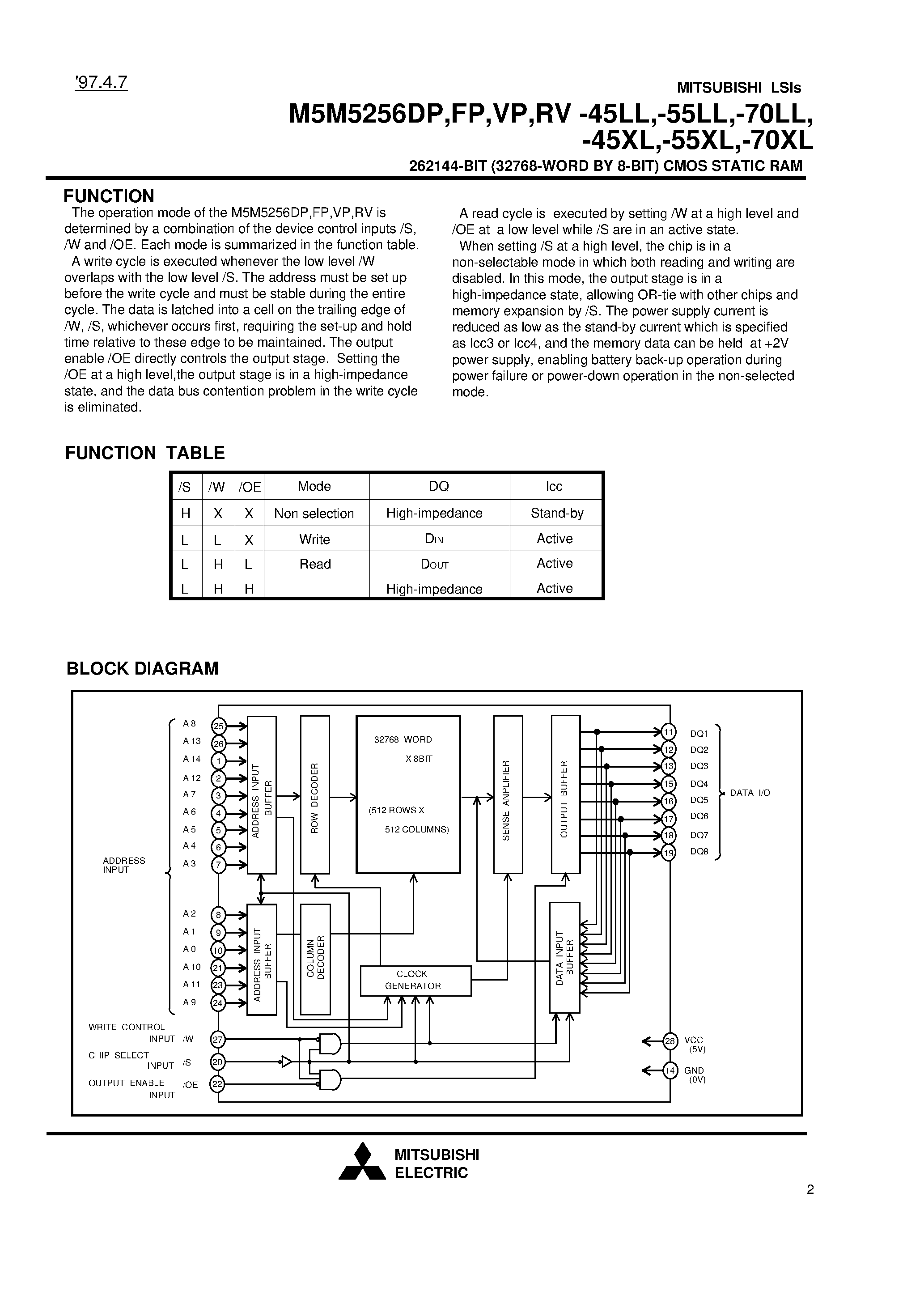 Даташит M5M5256VP-55XL - 262144-BIT (32768-WORD BY 8-BIT) CMOS STATIC RAM страница 2