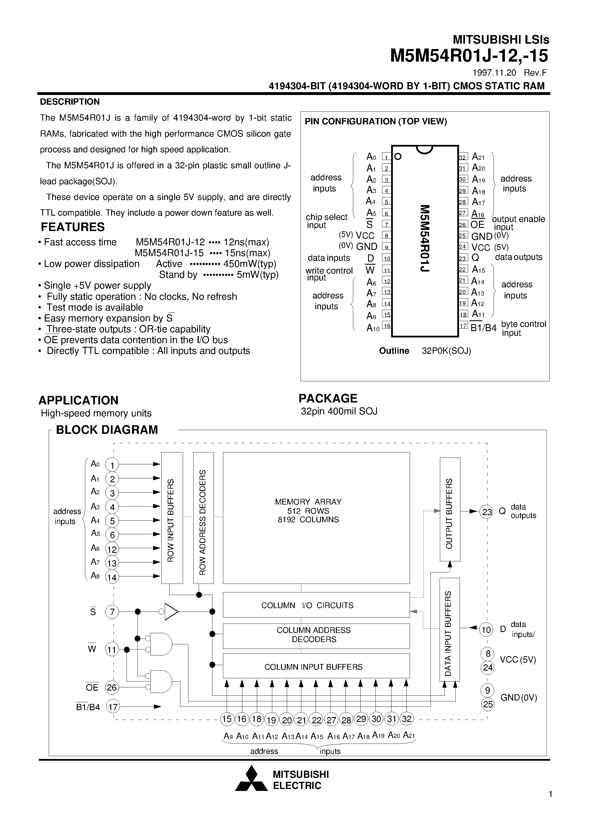 Datasheet M5M54R01J-12 - 4194304-BIT (4194304-WORD BY 1-BIT) CMOS STATIC RAM page 1