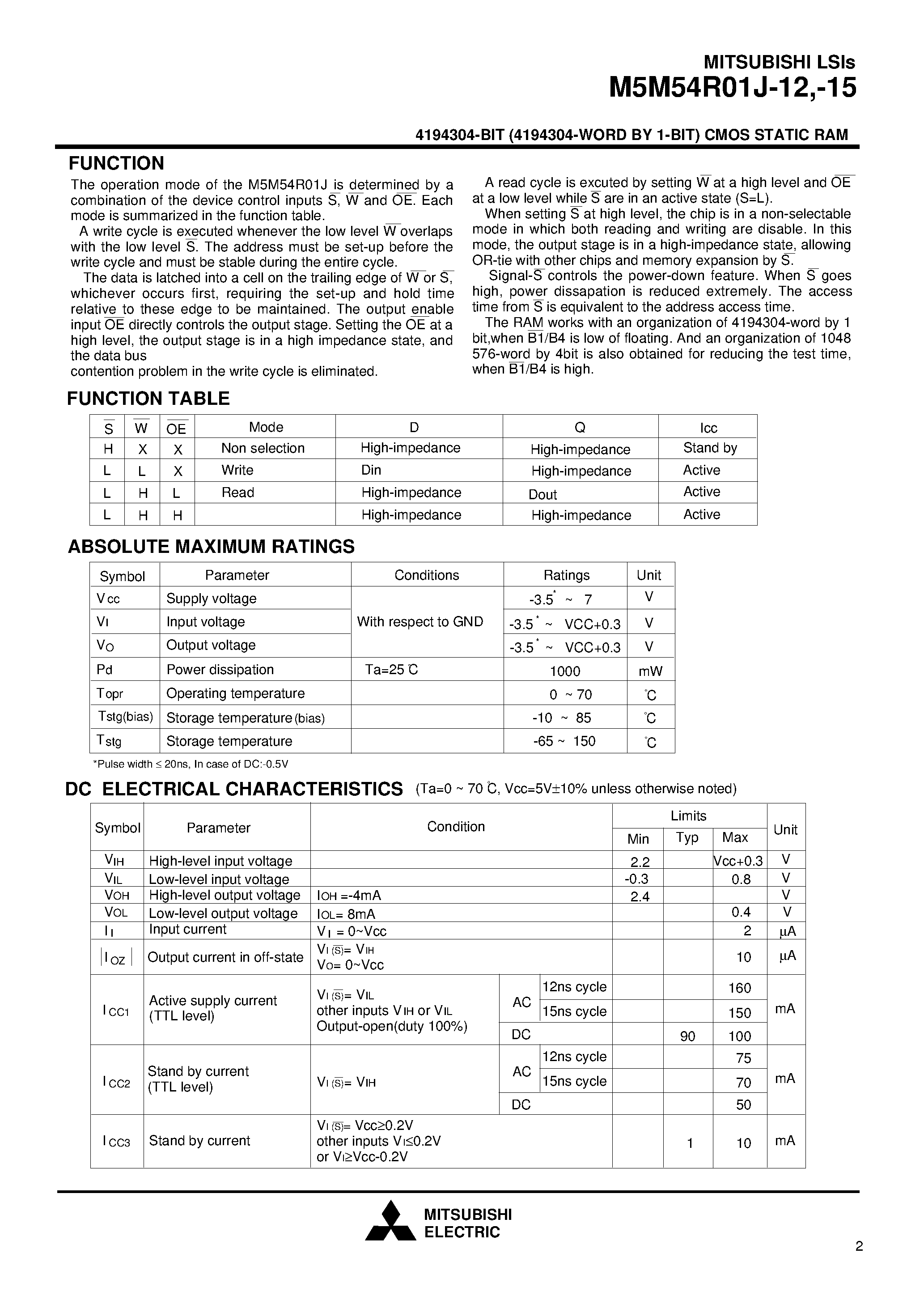Datasheet M5M54R01J-12 - 4194304-BIT (4194304-WORD BY 1-BIT) CMOS STATIC RAM page 2