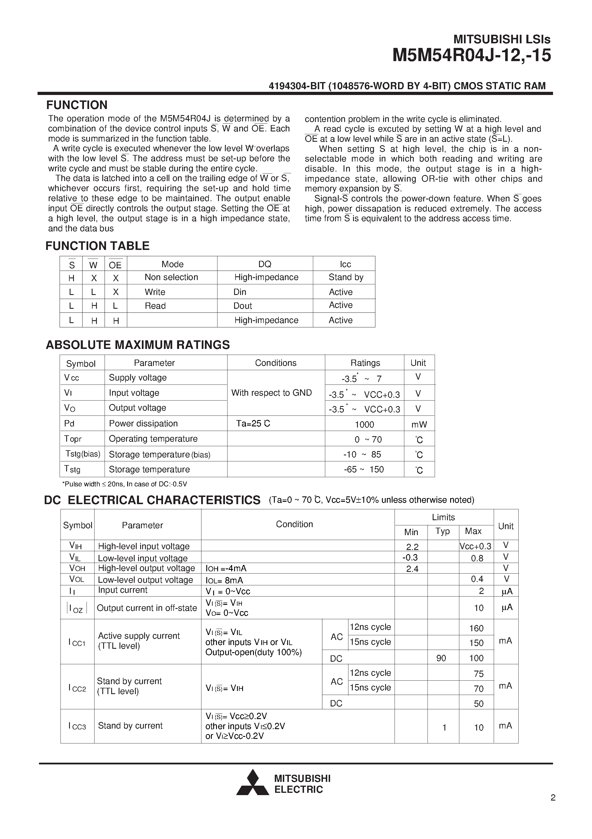 Даташит M5M54R04J-15 - 4194304-BIT (1048576-WORD BY 4-BIT) CMOS STATIC RAM страница 2