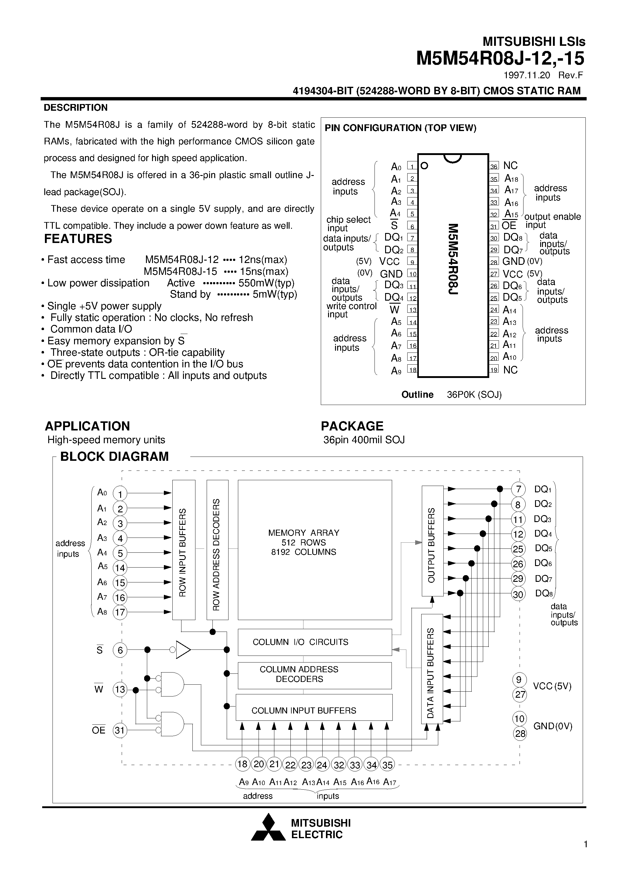 Даташит M5M54R08J-15 - 4194304-BIT (524288-WORD BY 8-BIT) CMOS STATIC RAM страница 1