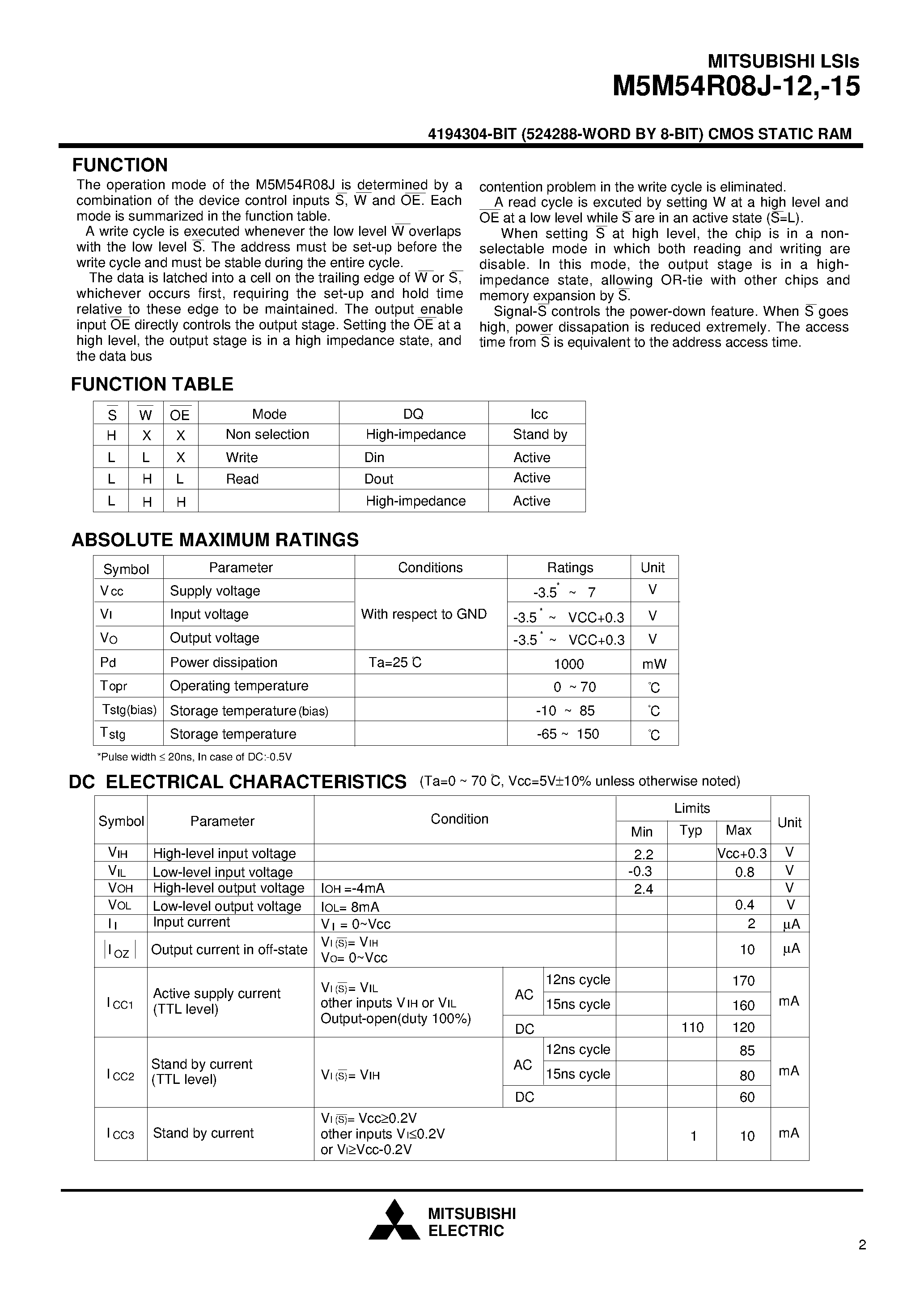 Даташит M5M54R08J-15 - 4194304-BIT (524288-WORD BY 8-BIT) CMOS STATIC RAM страница 2