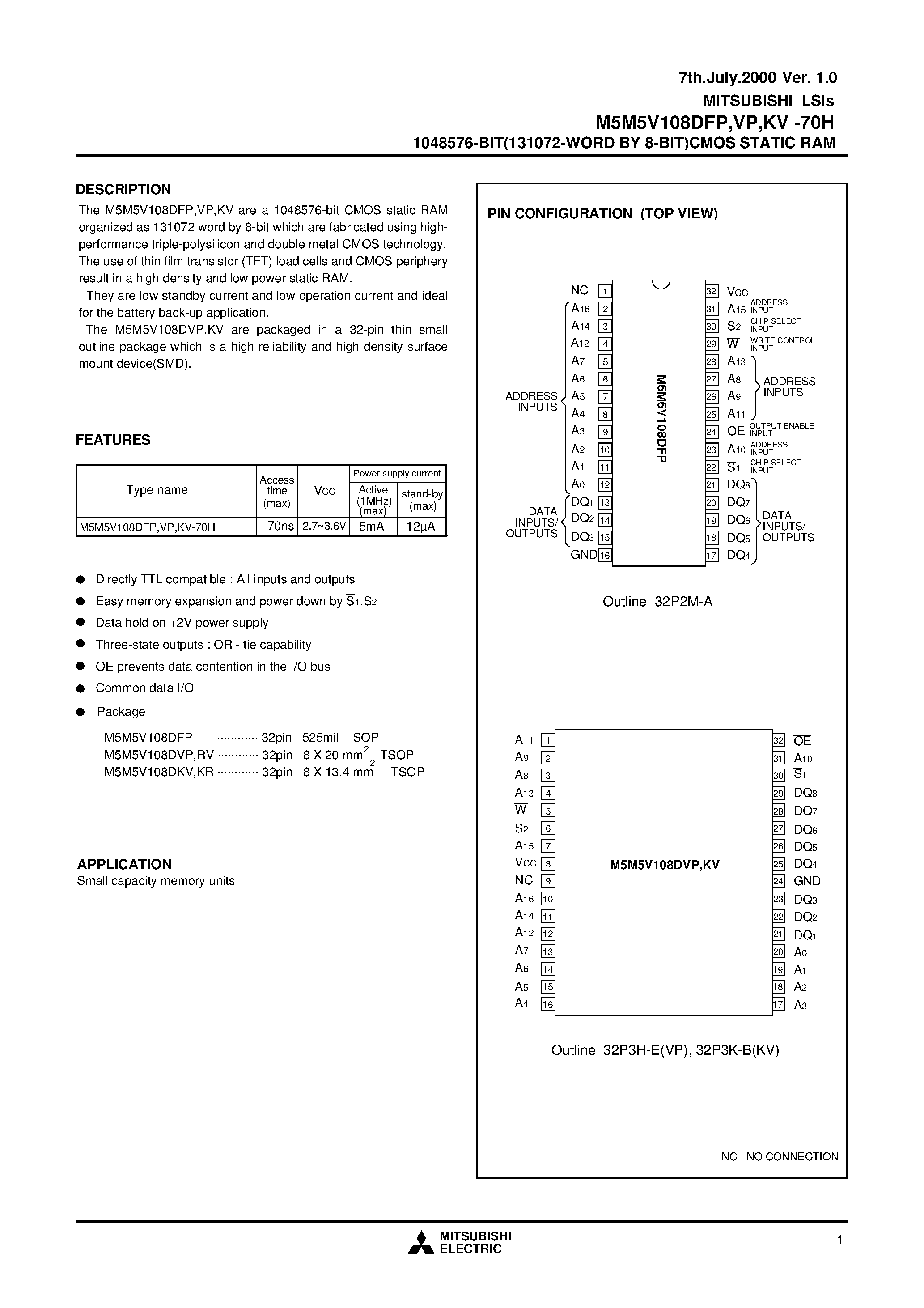 Даташит на микросхему M5M5V108DFP-70H страница 1 Даташит M5M5V108DFP-70H - 1048576-BIT(131072-WORD BY 8-BIT)CMOS STATIC RAM страница 1