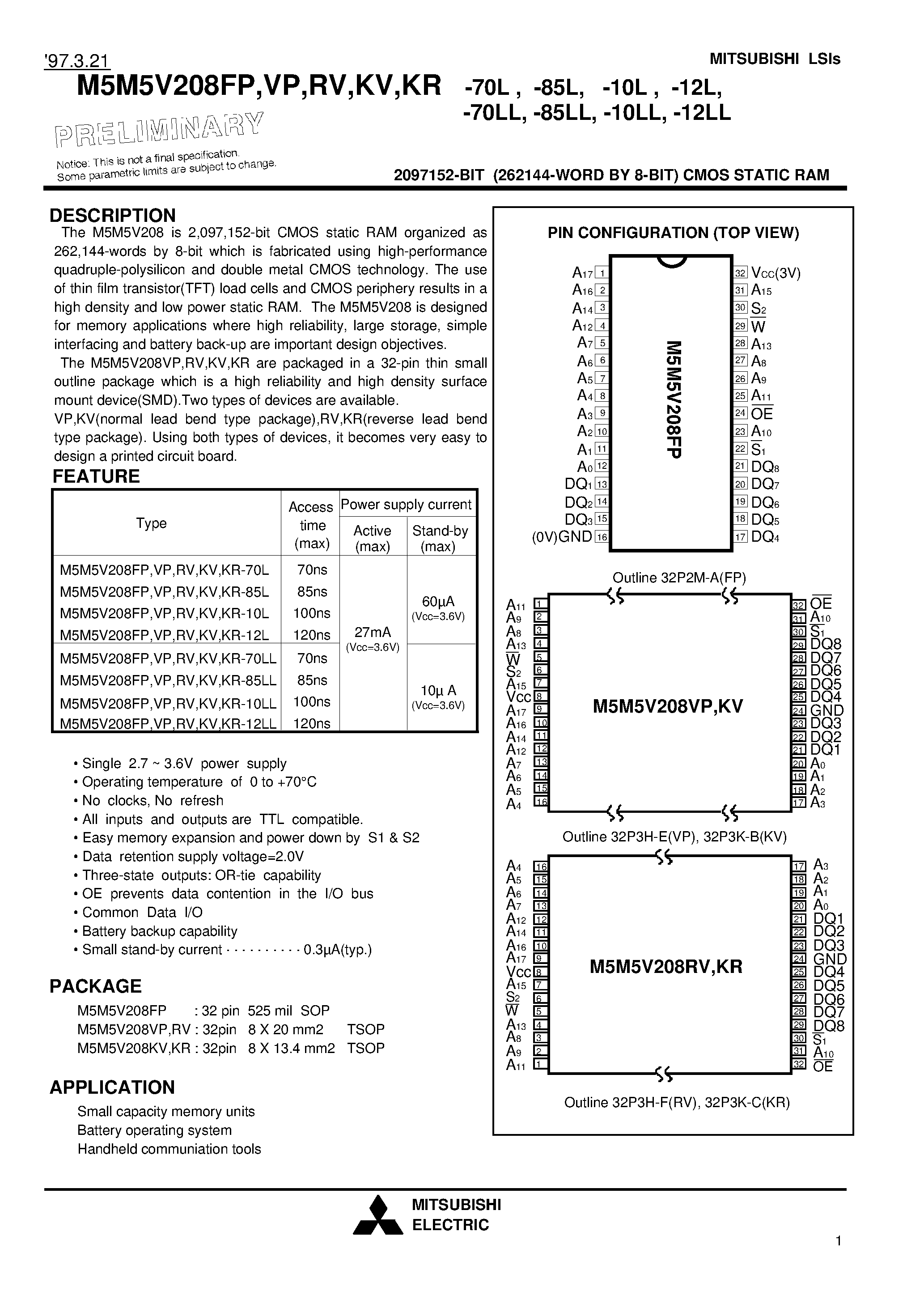 Datasheet M5M5V208KV-85L page 1 Datasheet M5M5V208KV-85L - 2097152-BIT (262144-WORD BY 8-BIT) CMOS STATIC RAM page 1