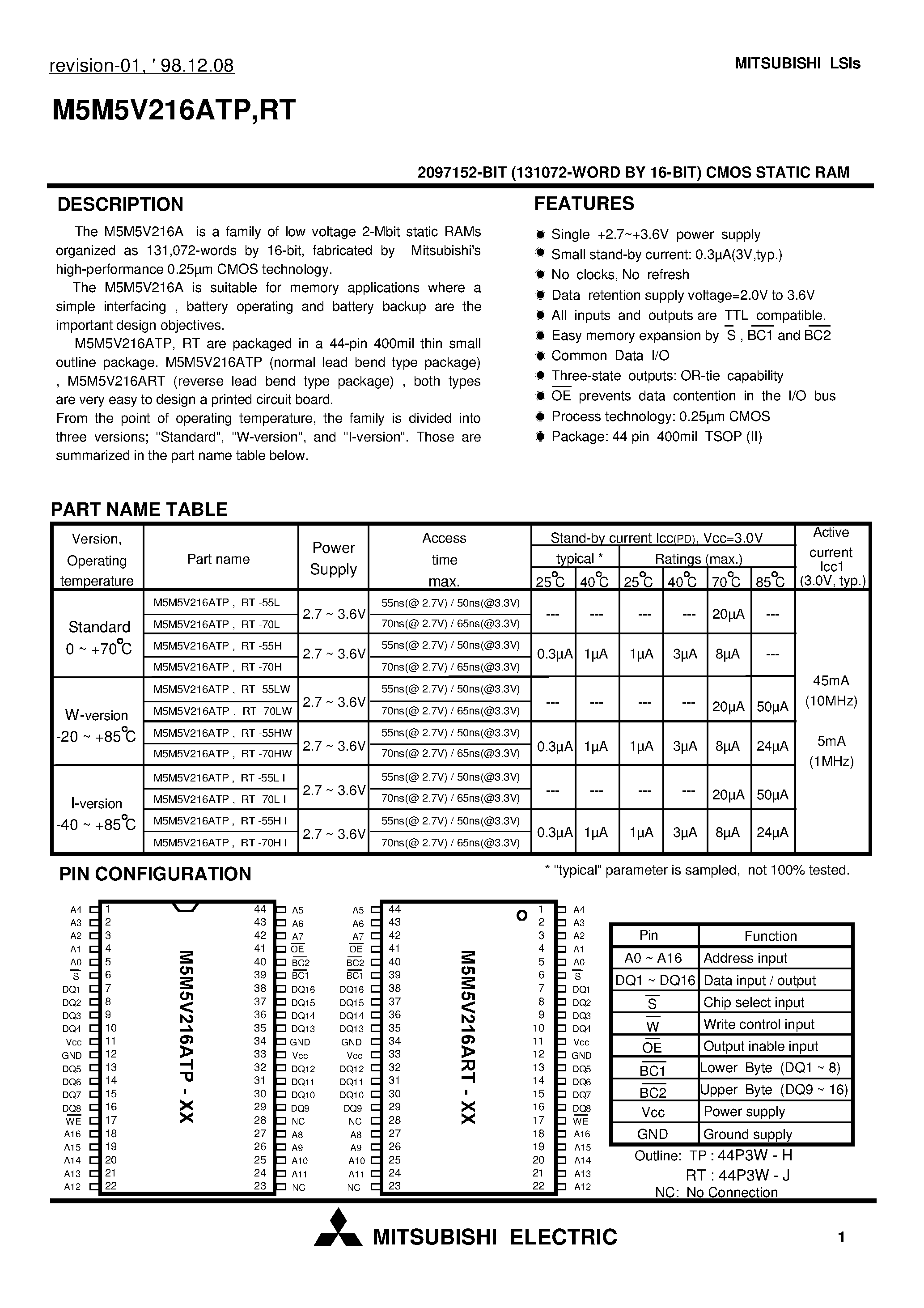 Даташит на микросхему M5M5V216ATP страница 1 Даташит M5M5V216ATP - 2097152-BIT (131072-WORD BY 16-BIT) CMOS STATIC RAM страница 1