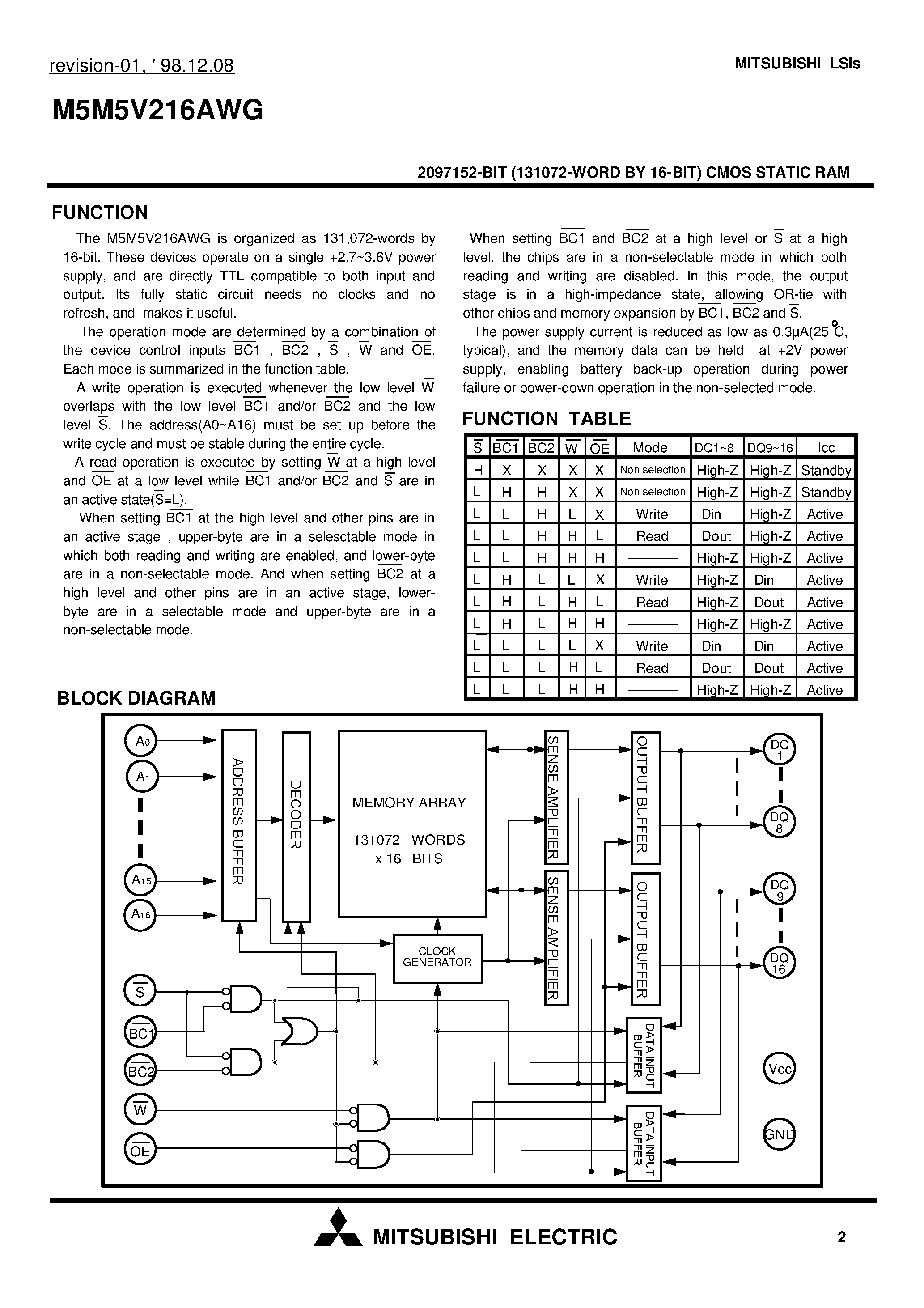 Даташит на микросхему M5M5V216AWG-55L страница 2 Даташит M5M5V216AWG-55L - 2097152-BIT (131072-WORD BY 16-BIT) CMOS STATIC RAM страница 2