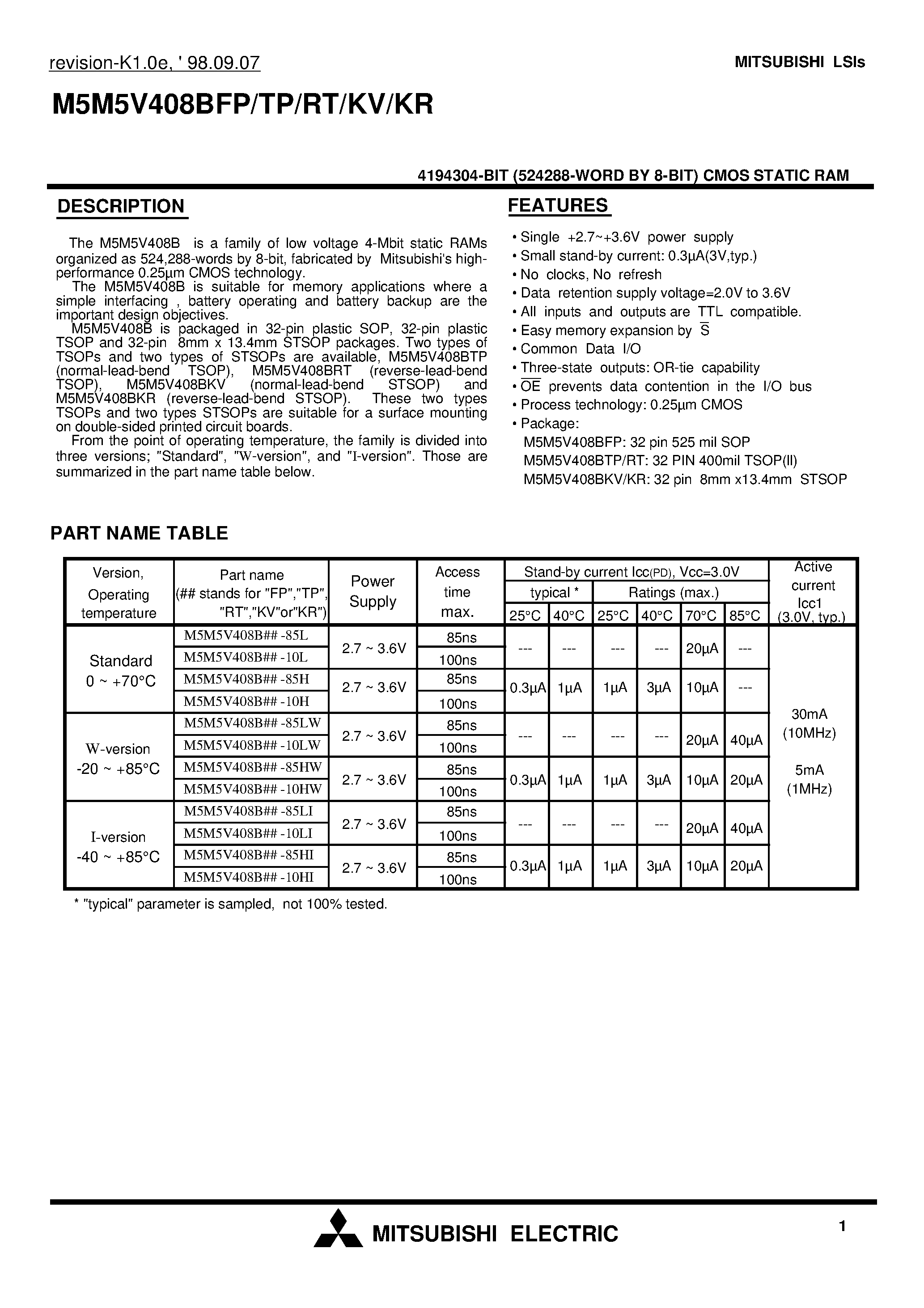 Datasheet M5M5V408BKR - 4194304-BIT (524288-WORD BY 8-BIT) CMOS STATIC RAM page 1