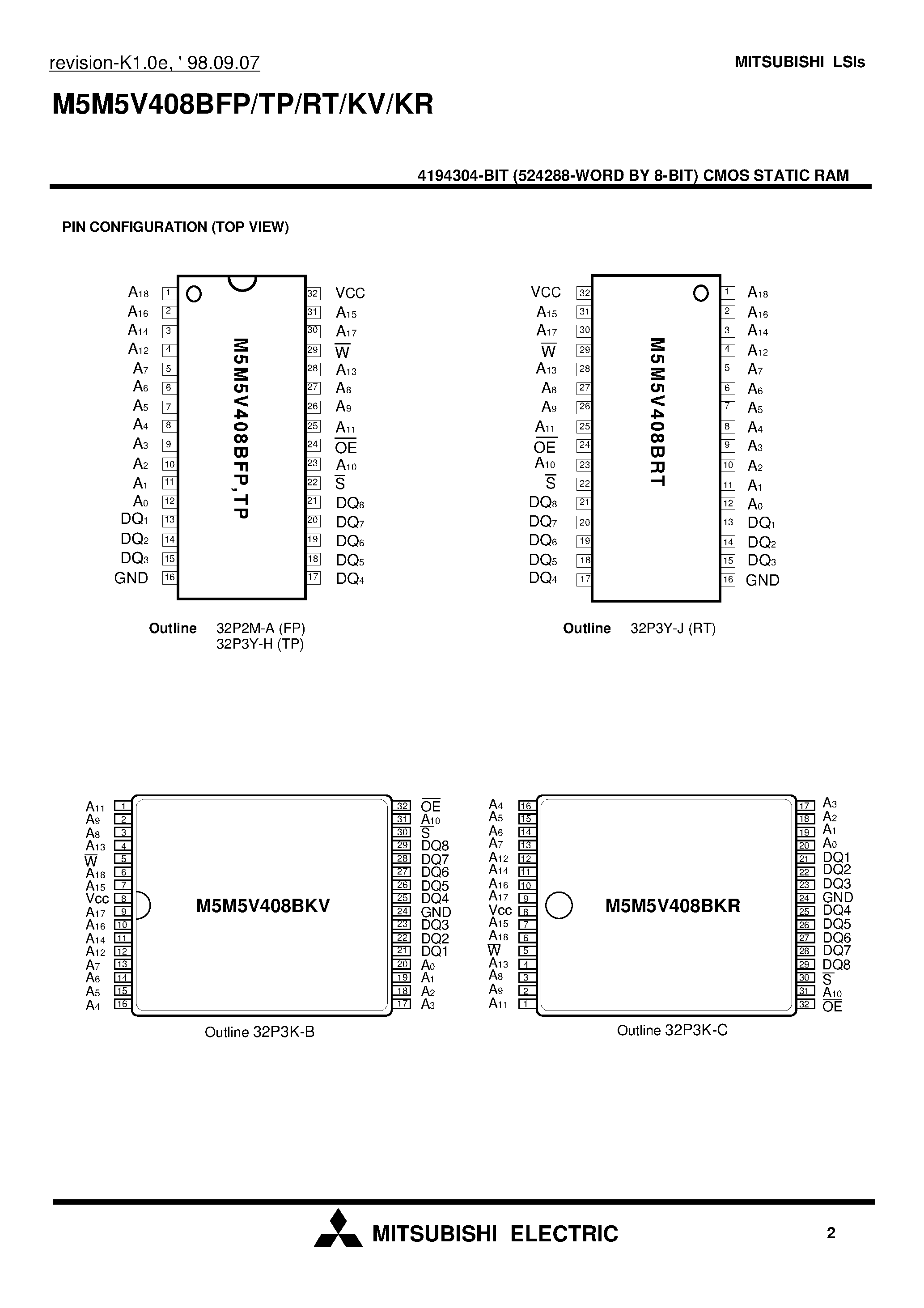 Datasheet M5M5V408BKR - 4194304-BIT (524288-WORD BY 8-BIT) CMOS STATIC RAM page 2