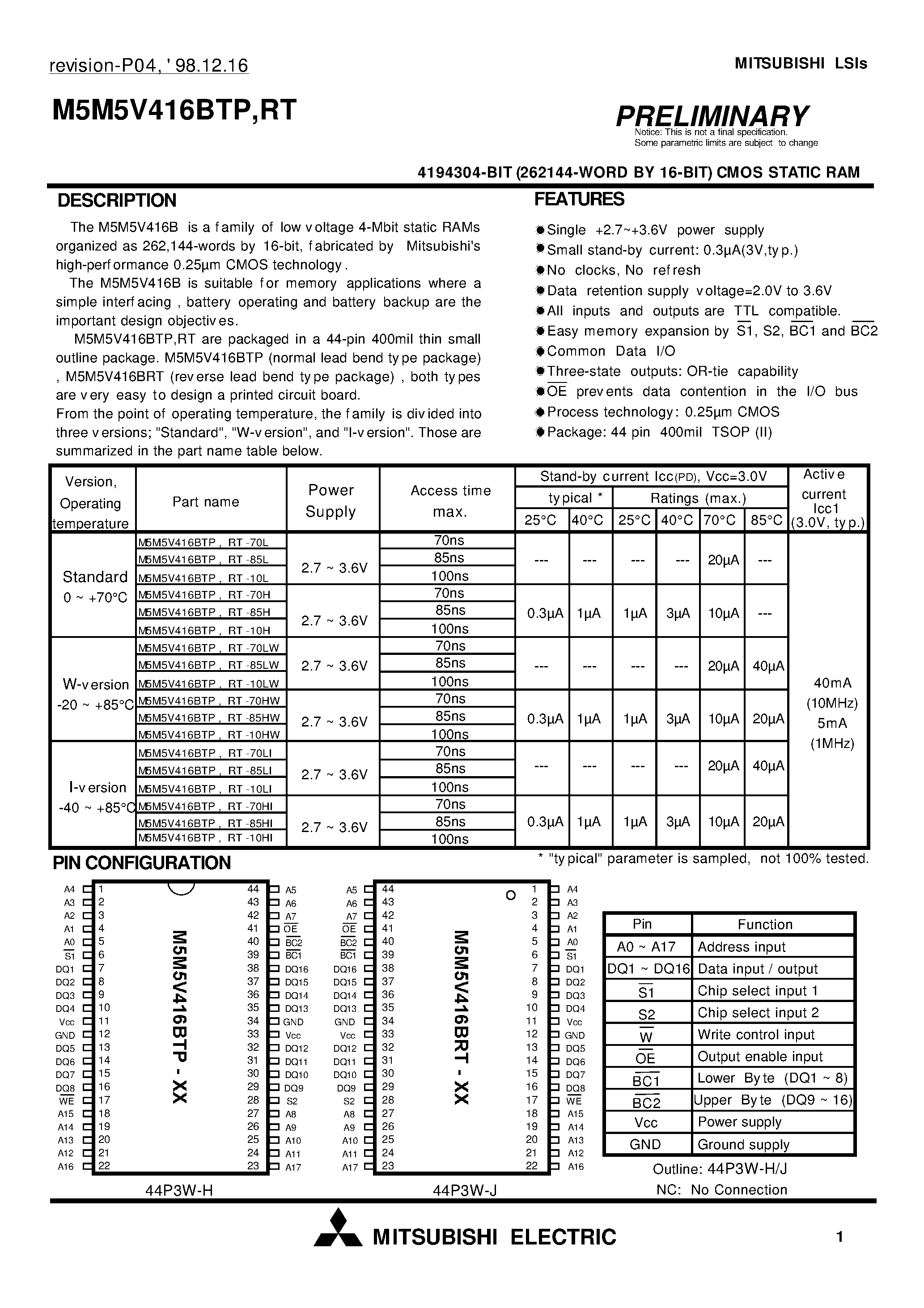 Datasheet M5M5V416BTP page 1 Datasheet M5M5V416BTP - 4194304-BIT (262144-WORD BY 16-BIT) CMOS STATIC RAM page 1
