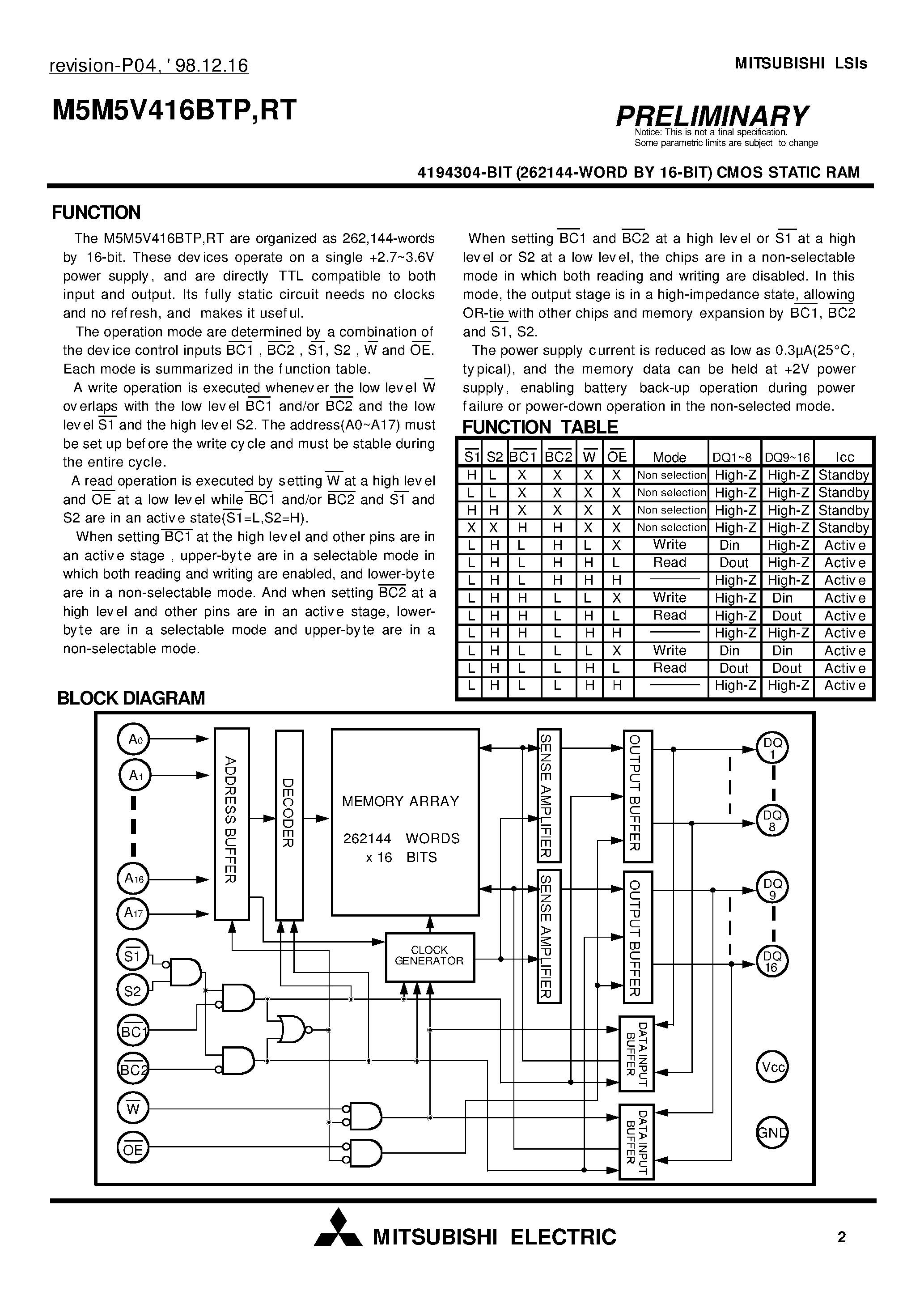 Datasheet M5M5V416BTP page 2 Datasheet M5M5V416BTP - 4194304-BIT (262144-WORD BY 16-BIT) CMOS STATIC RAM page 2