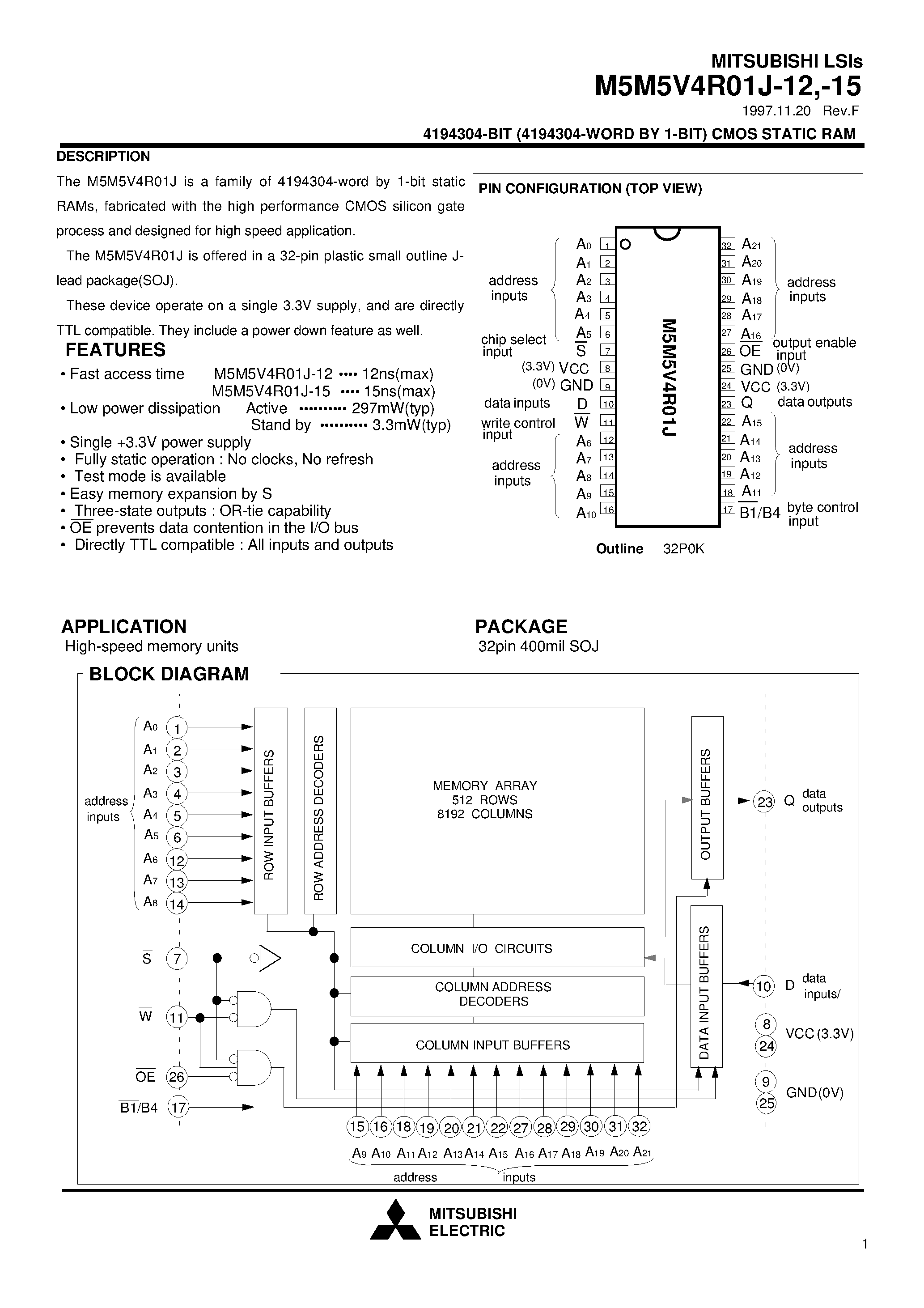 Даташит на микросхему M5M5V4R01J-15 страница 1 Даташит M5M5V4R01J-15 - 4194304-BIT (4194304-WORD BY 1-BIT) CMOS STATIC RAM страница 1