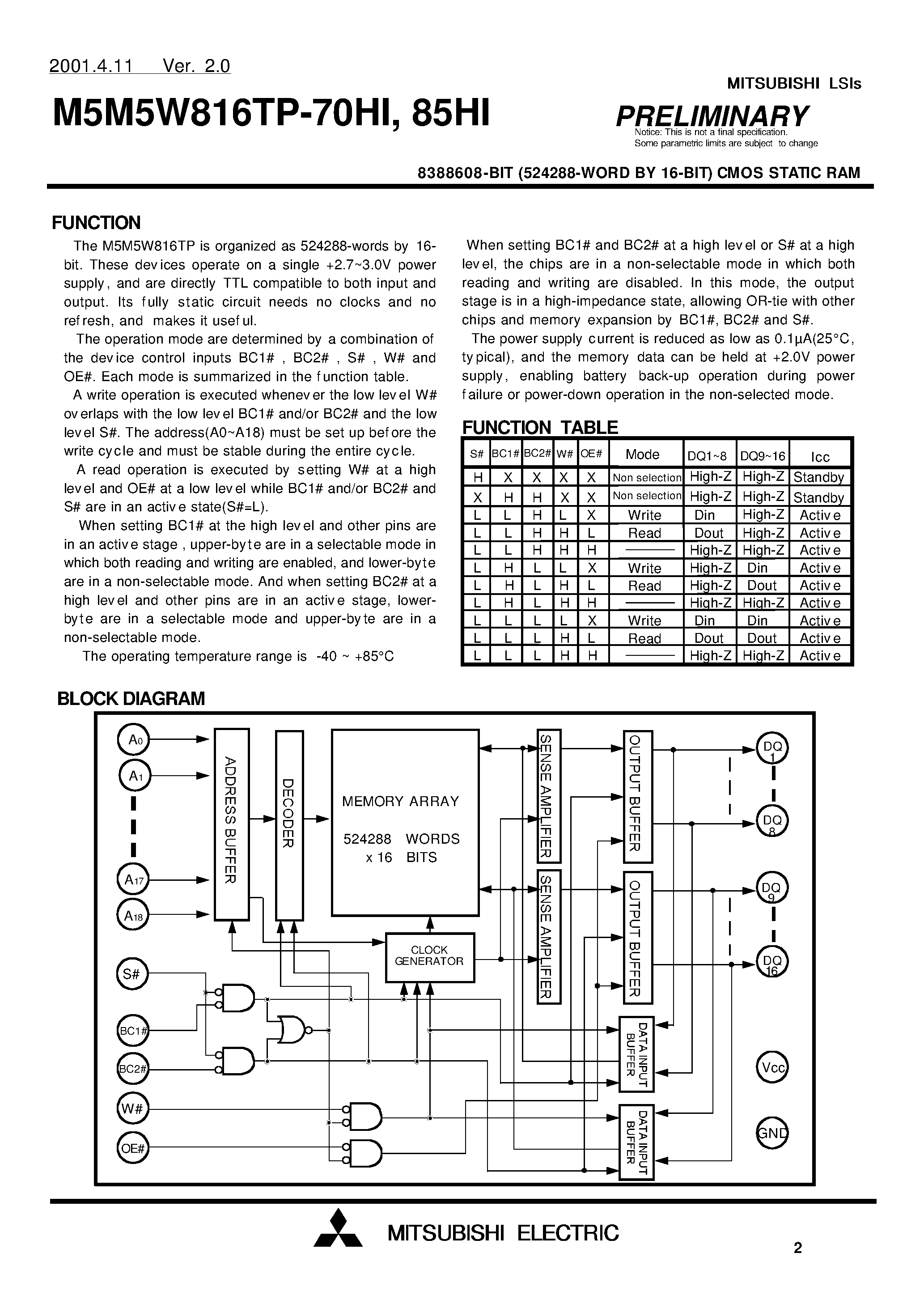 Даташит на микросхему M5M5W816TP-85HI страница 2 Даташит M5M5W816TP-85HI - 8388608-BIT (524288-WORD BY 16-BIT) CMOS STATIC RAM страница 2