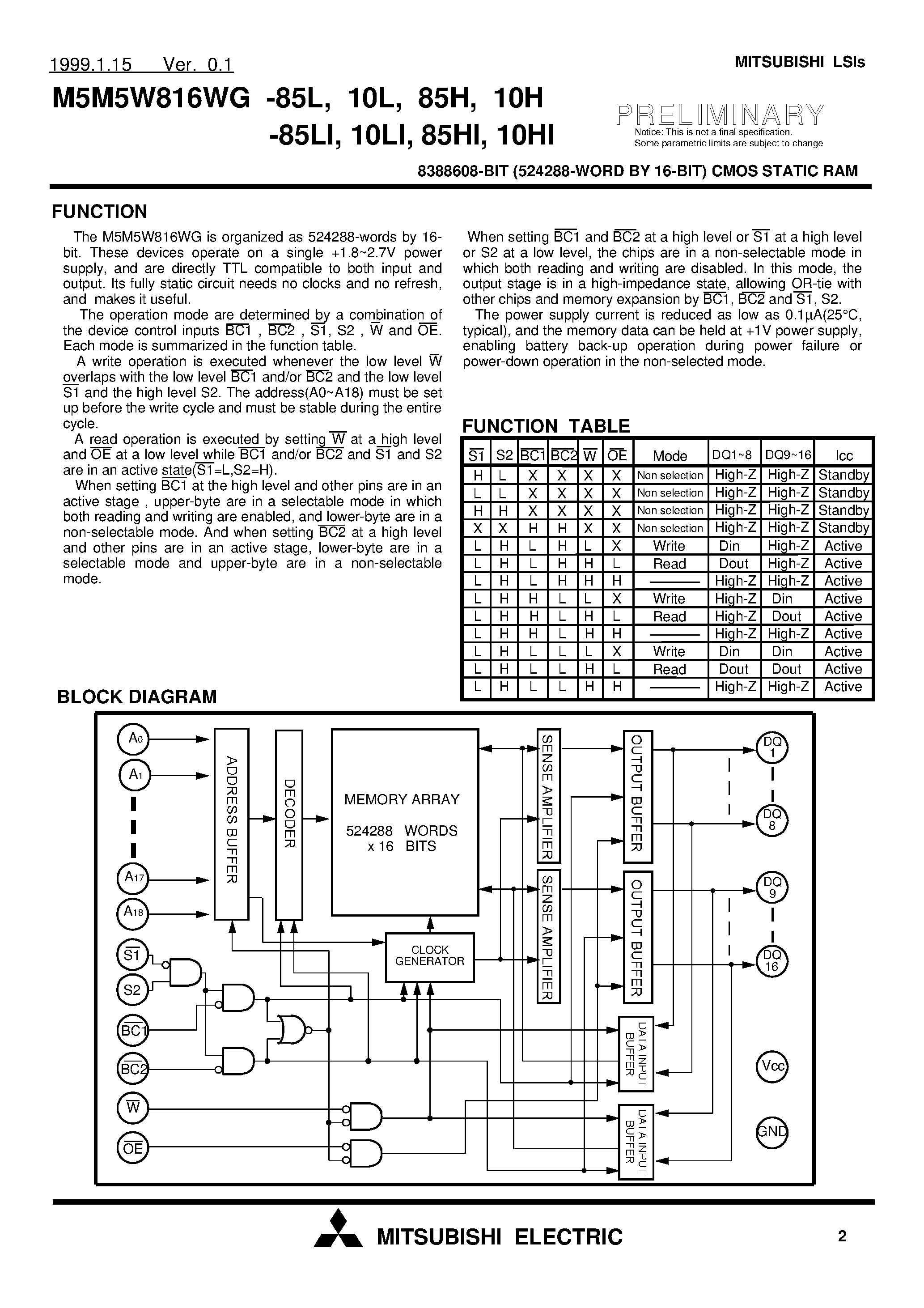 Даташит на микросхему M5M5W816WG-10H страница 2 Даташит M5M5W816WG-10H - 8388608-BIT (524288-WORD BY 16-BIT) CMOS STATIC RAM страница 2