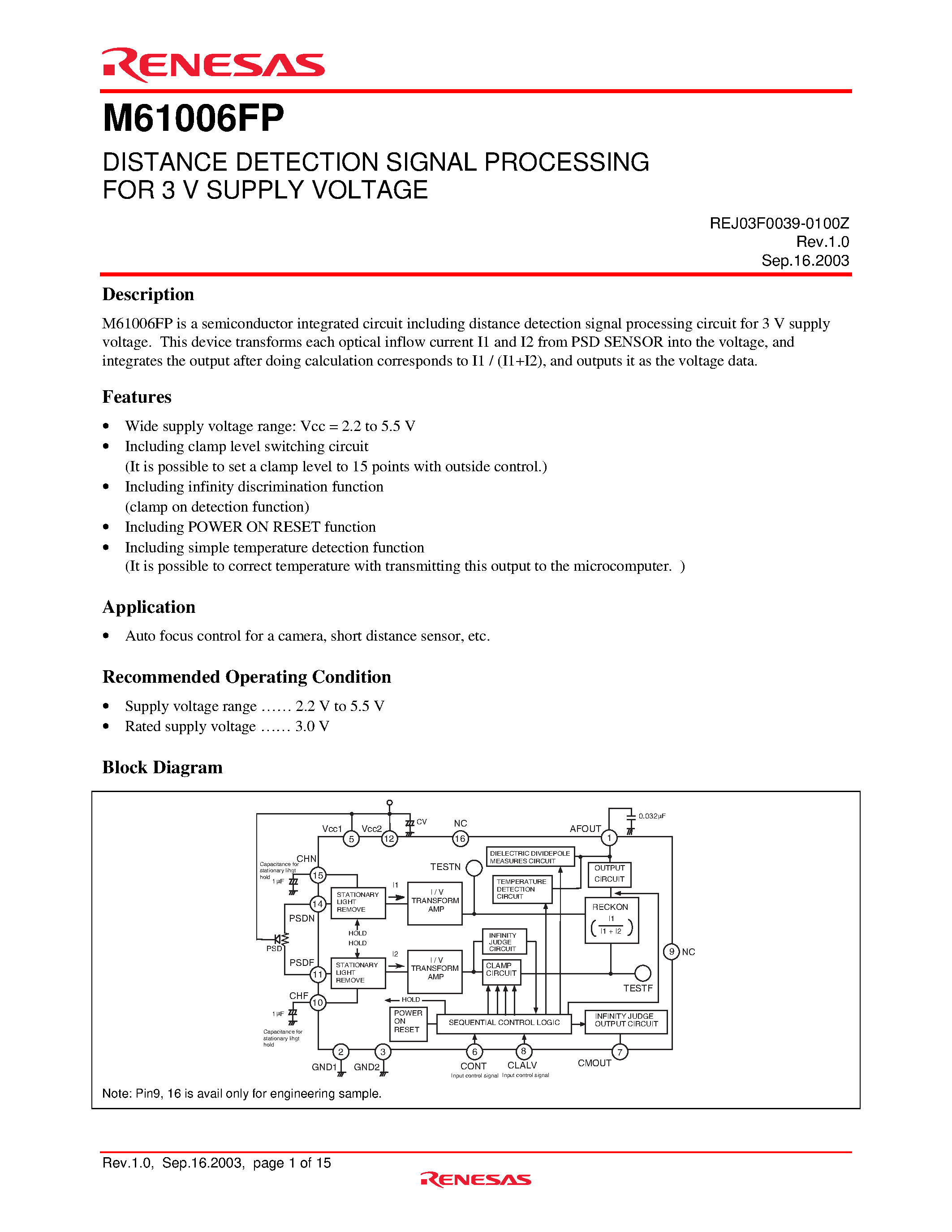 Даташит M61006FP - DISTANCE DETECTION SIGNAL PROCESSING FOR 3 V SUPPLY VOLTAGE страница 1