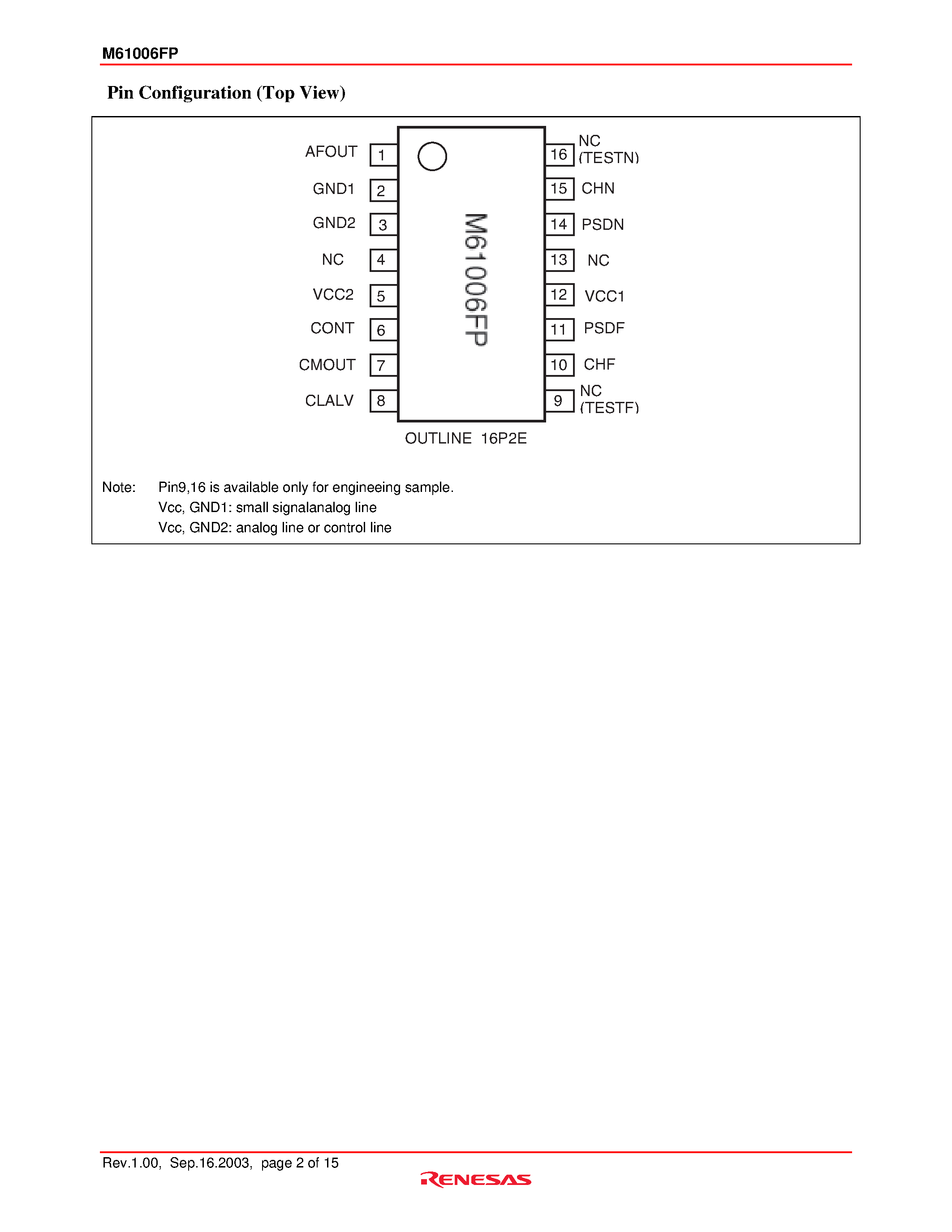 Даташит M61006FP - DISTANCE DETECTION SIGNAL PROCESSING FOR 3 V SUPPLY VOLTAGE страница 2
