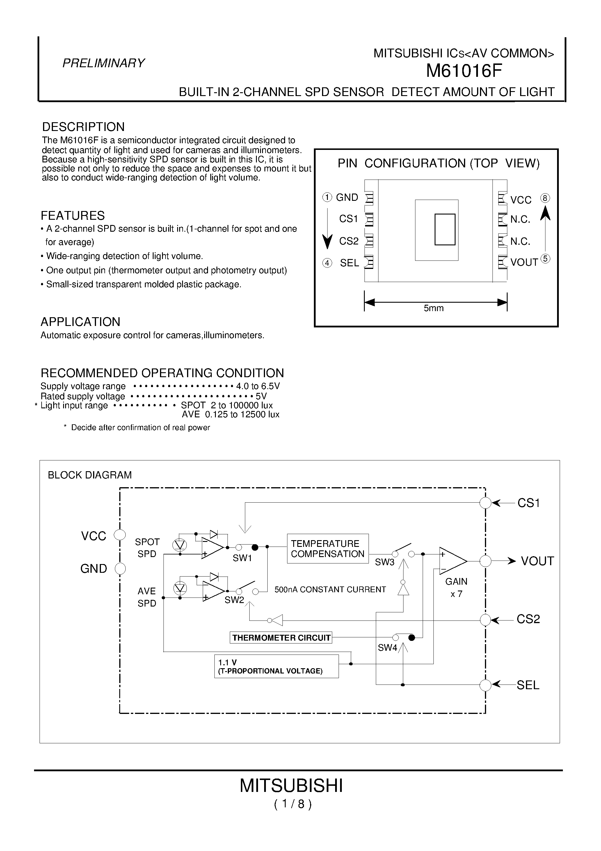 Datasheet M61016F - BUILTIN 2-CHANNEL SPD SENSOR DETECT AMOUNT OF LIGHT page 1
