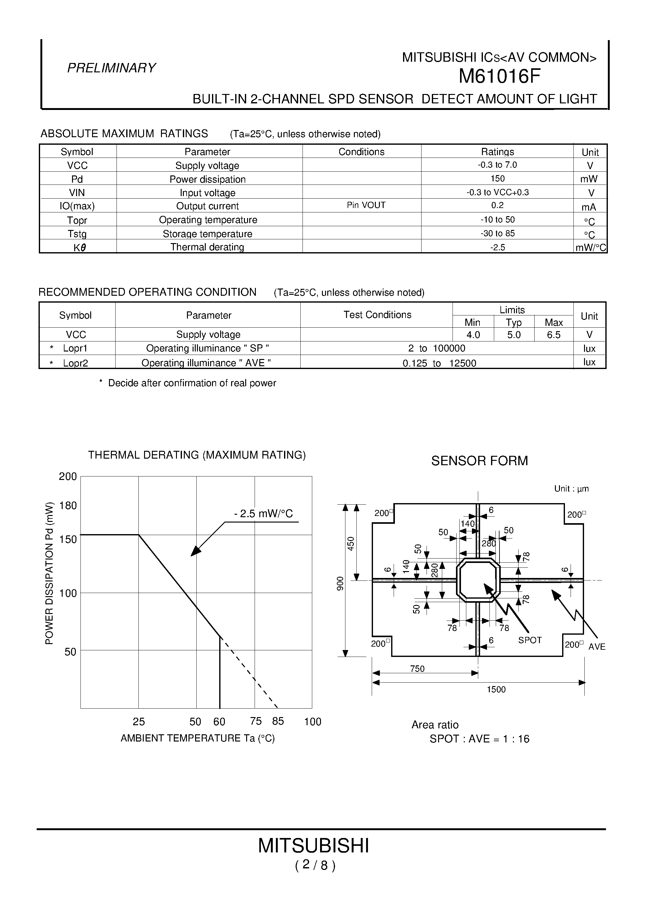Datasheet M61016F - BUILTIN 2-CHANNEL SPD SENSOR DETECT AMOUNT OF LIGHT page 2