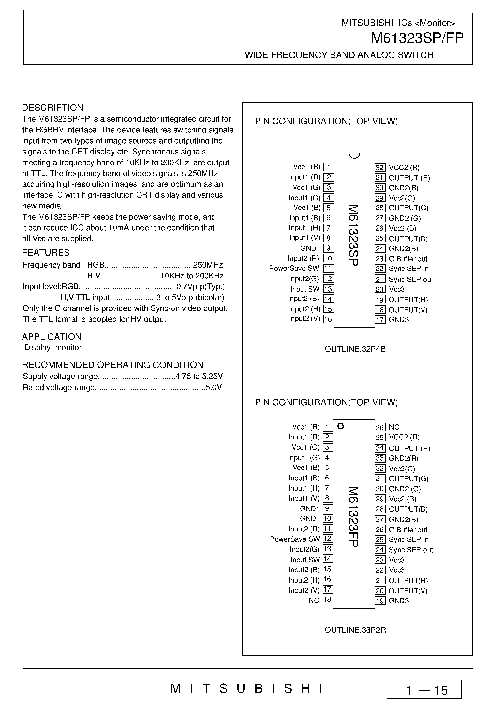 Datasheet M61323SP - WIDE FREQUENCY BAND ANALOG SWITCH page 1