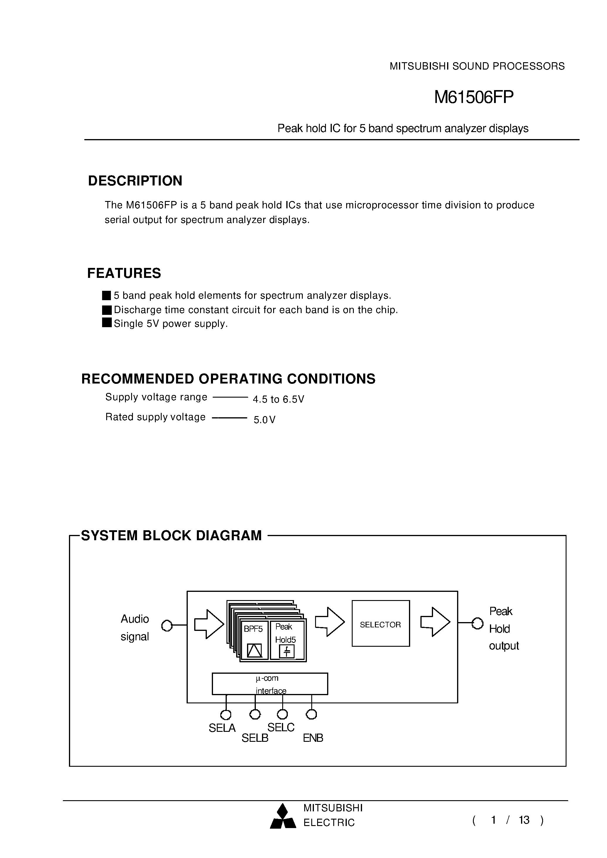 Datasheet M61506FP - Peak hold IC for 5 band spectrum analyzer displays page 1