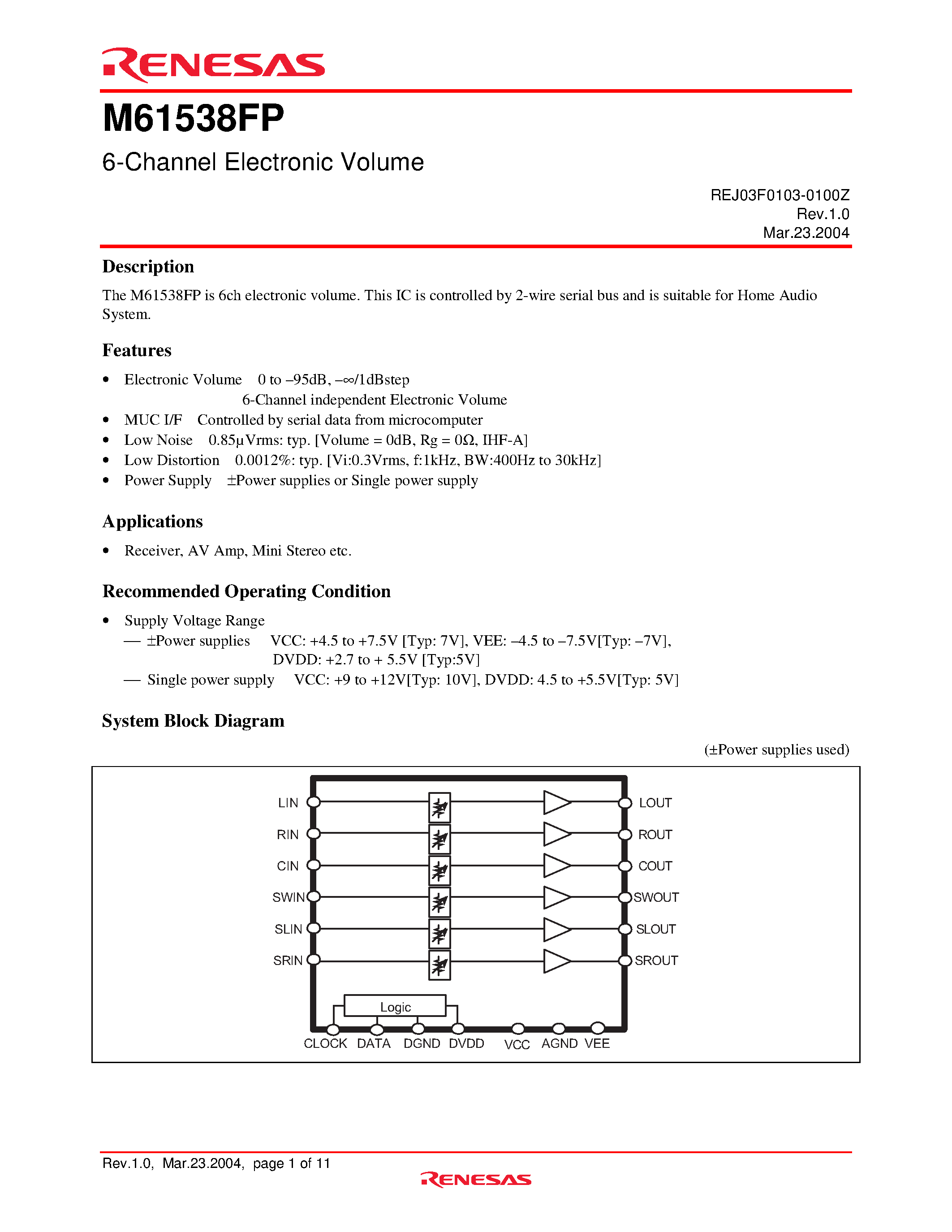 Datasheet M61538FP - 6-Channel Electronic Volume page 1